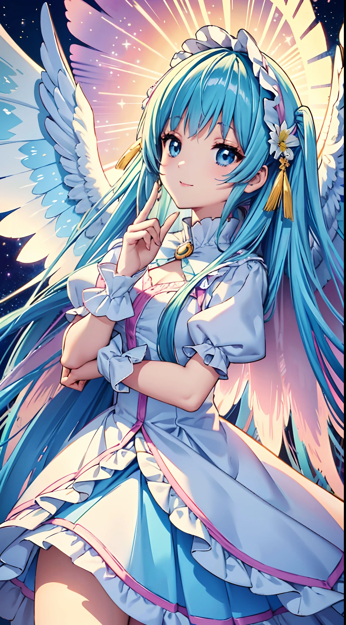 Big big wings of iridescent angel、1 kawaii girl、adorable smiling、Light blue long hair、Twin-tailed、In colorful angel costume in white and yellow and red and pink Lolita style、Lots of frills、((top-quality))、((​masterpiece))、(ighly detailed、highestdetailed、Official art、Beautifully Aesthetic:1.2)