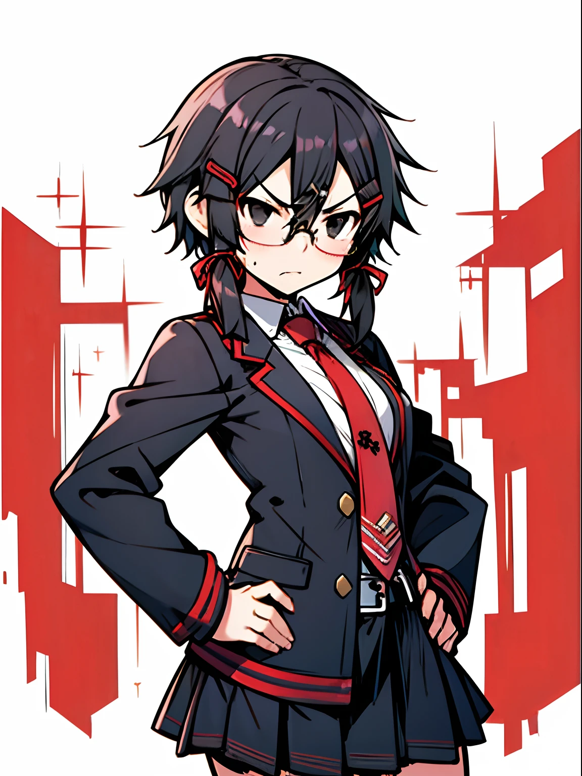 A man with long black hair with bangs covering one left eye and a white streak, a black earring with red details, red eyes and black pupils, a black suit with a red tie, black pants and black boots with white, and black and red dragon wings