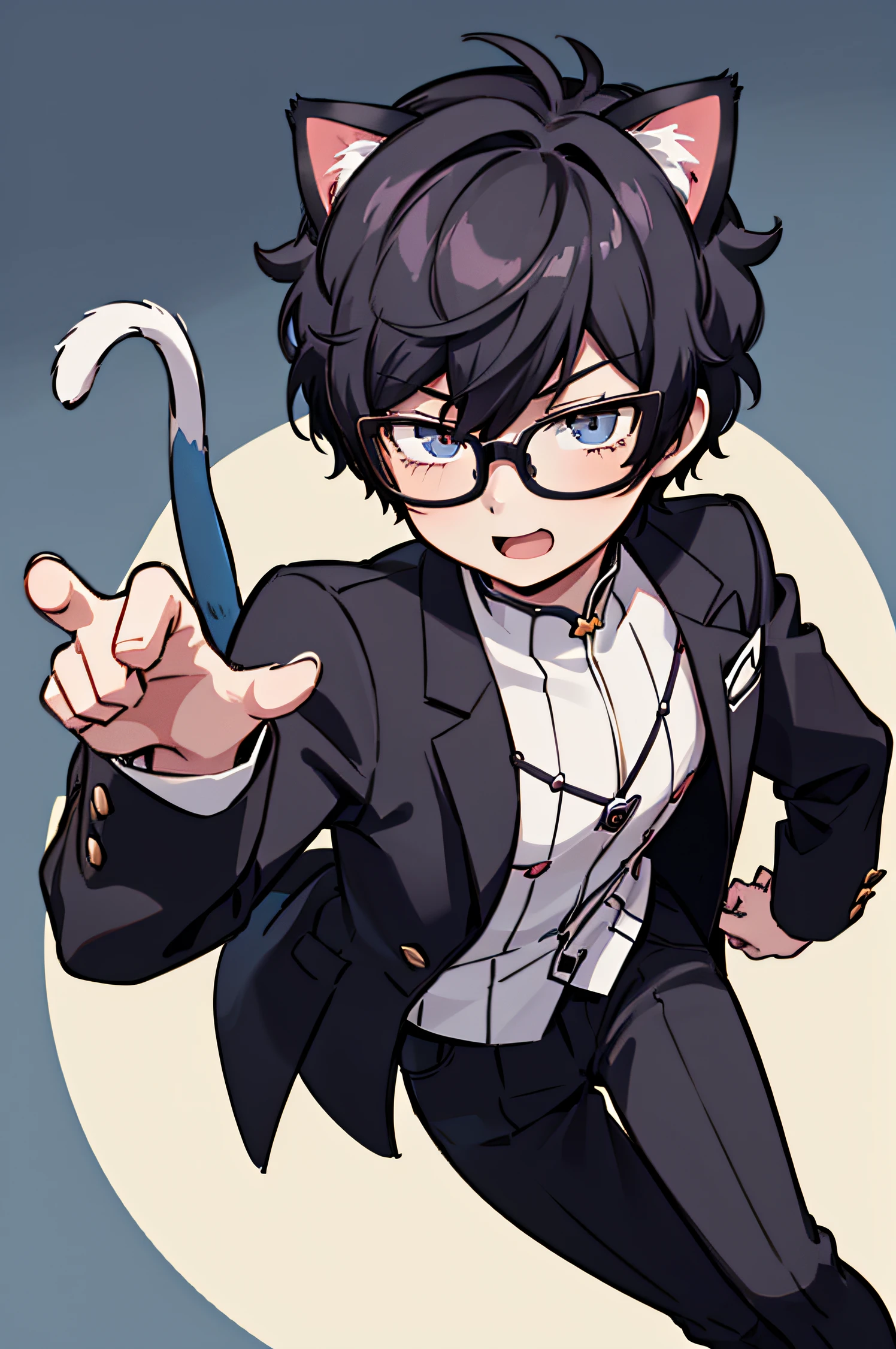 1 boy, male, smug face, cat ears, cat tail, Ren Amamiya, glasses, confident, dynamic pose, (masterpiece), best quality, expressive eyes, perfect face, smile, open mouth, Full Color, Detail, 8K, 4K, High Resolution, Symmetrical, Extraordinary, Best Aesthetics, black clothes