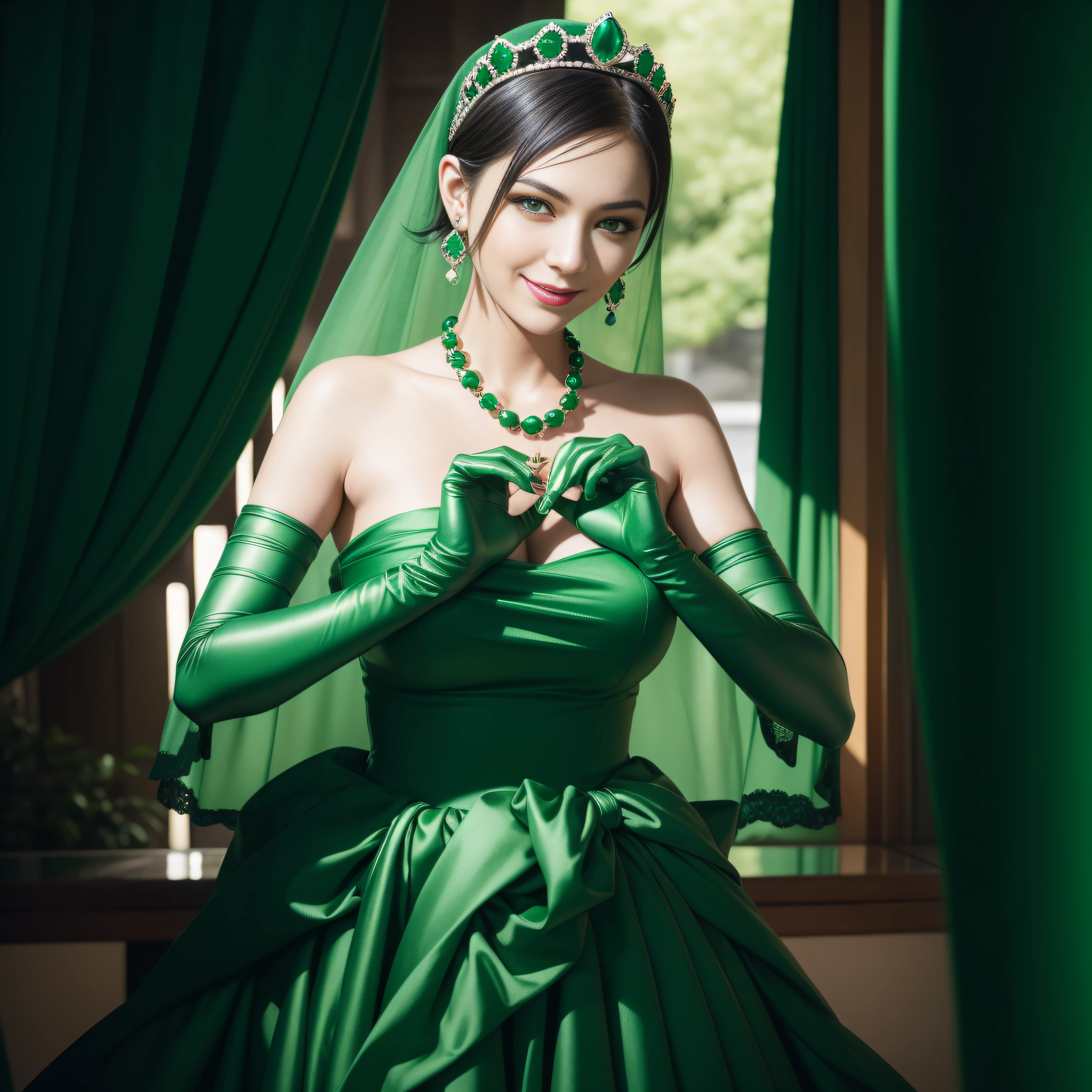 emerald tiara, Green Pearl Necklace, Boyish very short black hair, lipsticks, Japan woman smiling, very short short hair, big breasts beautiful, Green eyes, Long green gloves made of satin material, Green eyes, Emerald Earrings, green vale, Heart with both hands,Black hair