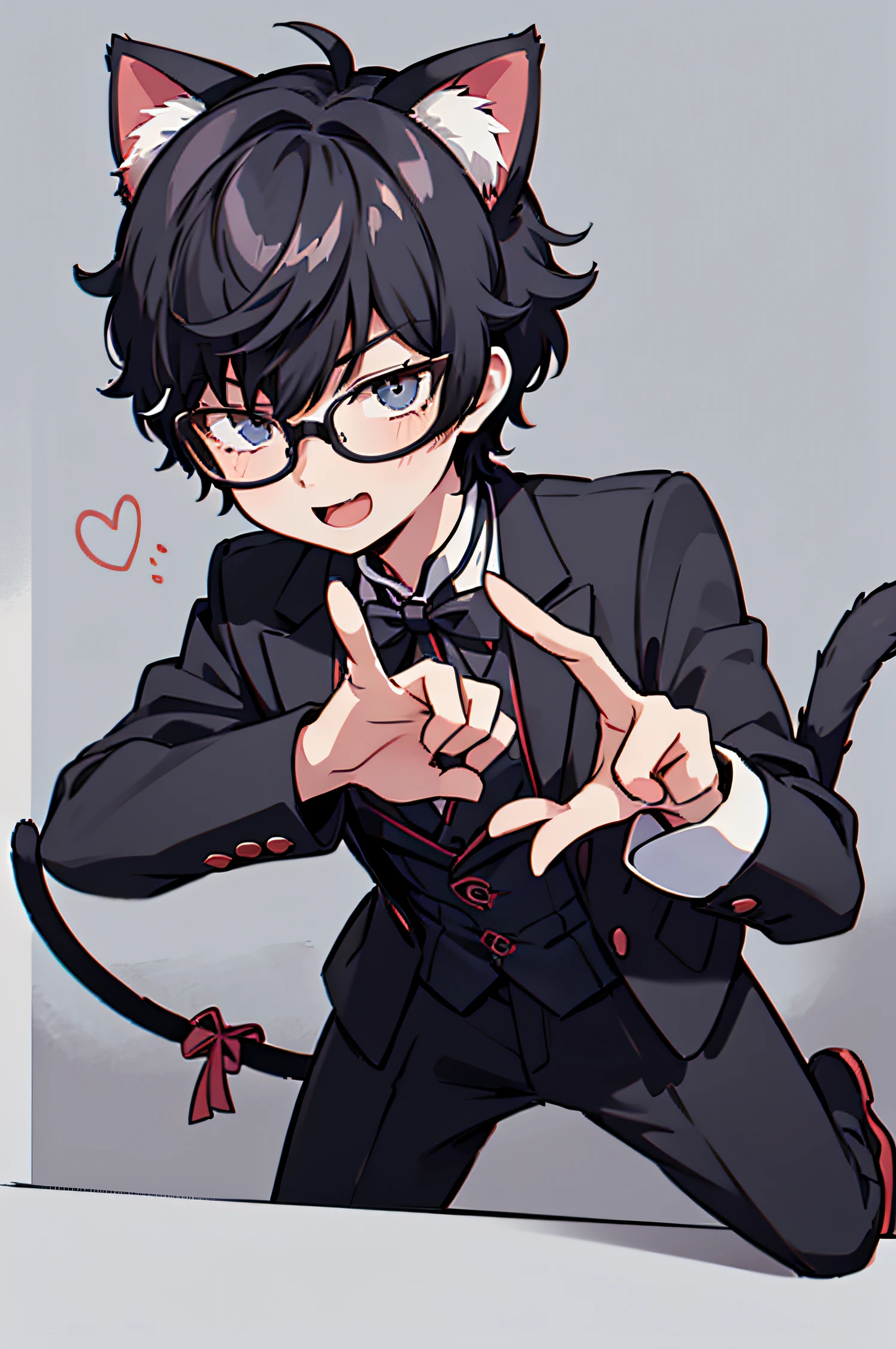 1 boy, male, smug face, cat ears, cat tail, Ren Amamiya, glasses, confident, dynamic pose, (masterpiece), best quality, expressive eyes, perfect face, smile, open mouth, Full Color, Detail, 8K, 4K, High Resolution, Symmetrical, Extraordinary, Best Aesthetics, black clothes