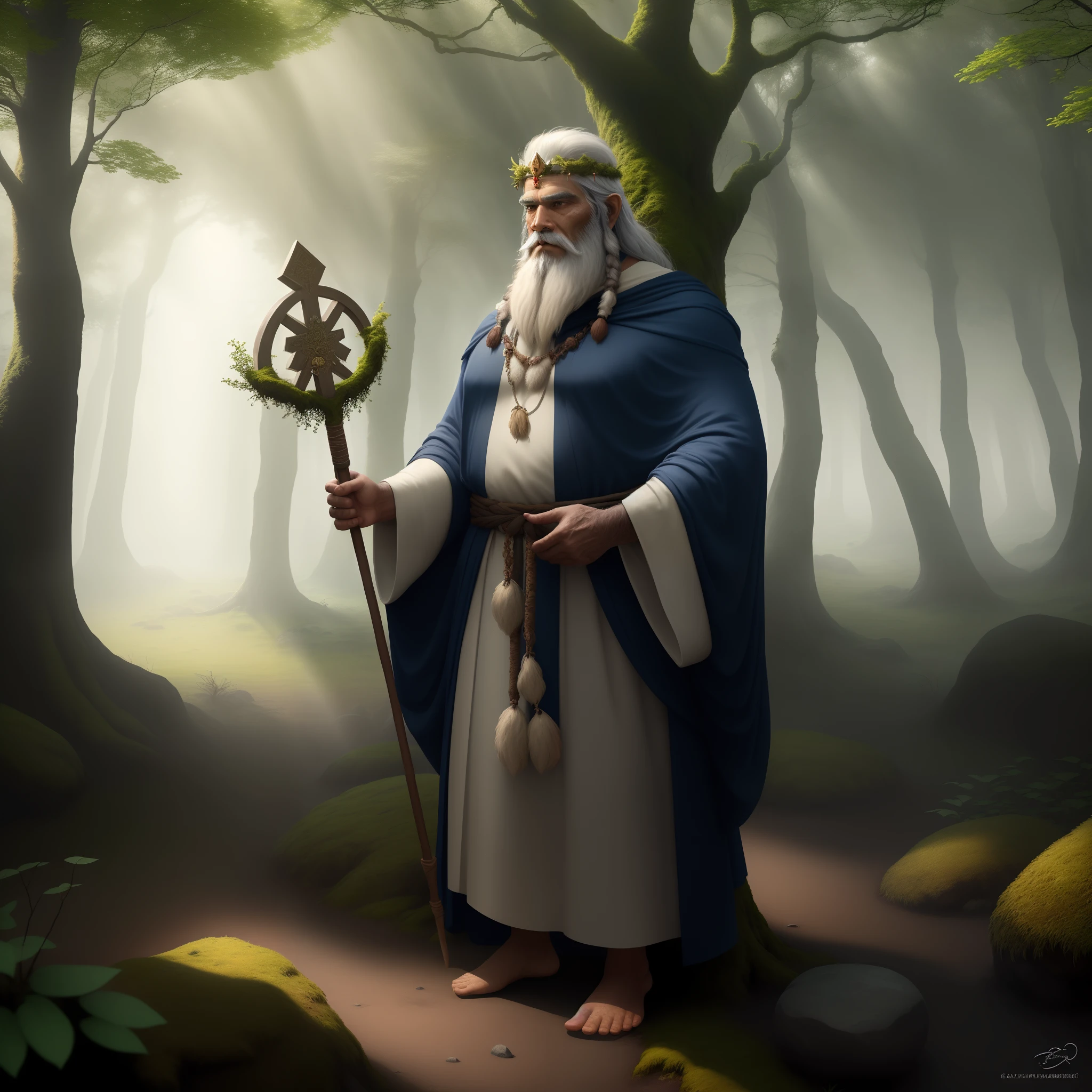 (best quality,4k,8k,highres,masterpiece:1.2),ultra-detailed,physically-based rendering,professional,strong druid,bearded Indian man,wearing golden crown,wrinkled face,powerful muscles,join hands,wise eyes,dark blue robe,holding a staff,magical runes,ancient tree in the background,misty forest,soft sunlight filtering through the trees,enchanted atmosphere,mythical creatures in the distance,moss-covered stones,serene and tranquil,color palette with earthy tones,subtle green and brown shades,calm and mysterious lighting,harmonious blend of warmth and coolness
