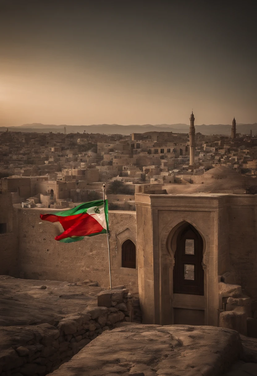 A picture of the city of Qods with the flag of the Islamic Republic of Iran flying above it on the bar.