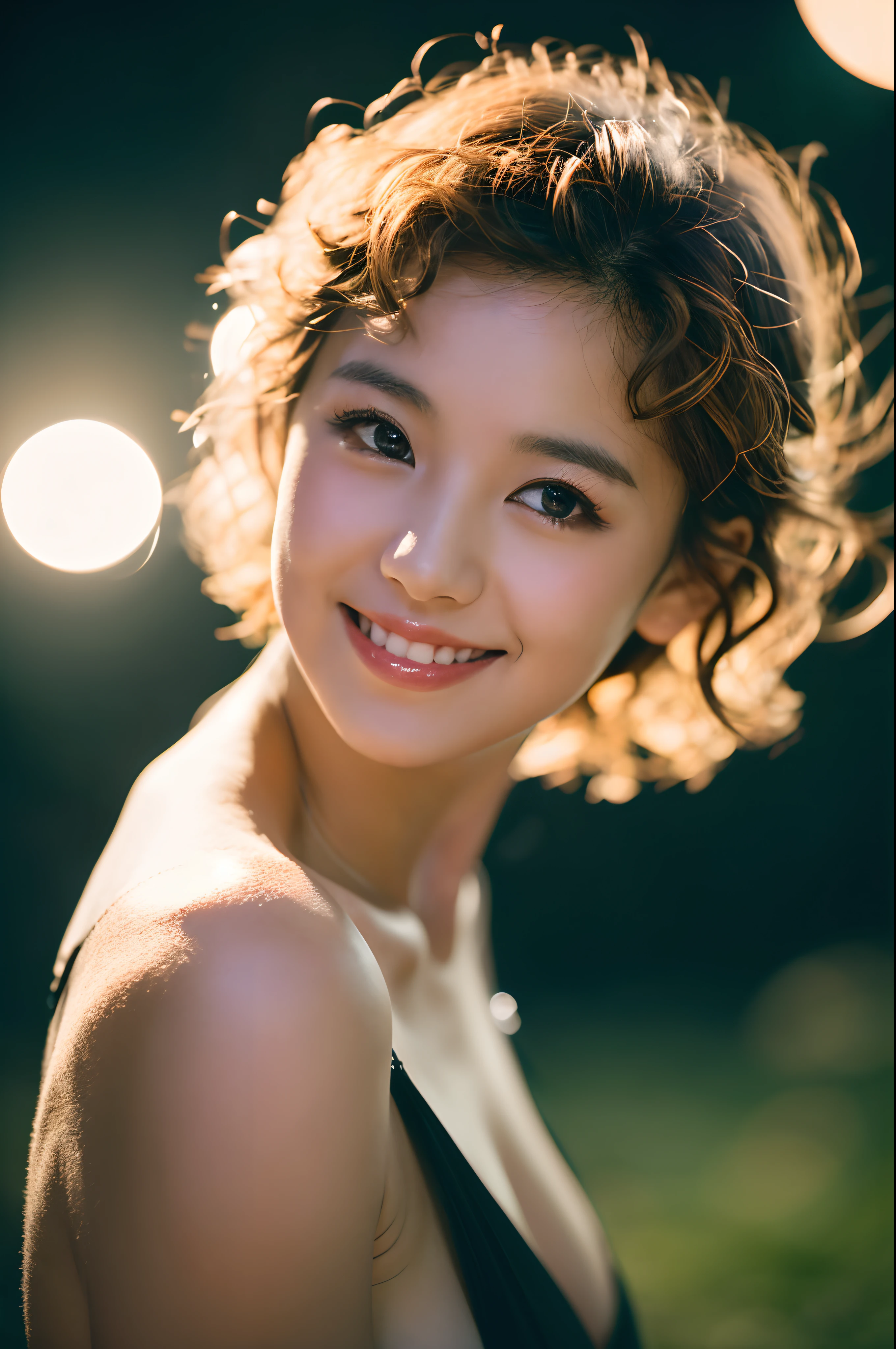 Photo portrait of a pensive asian woman with sparkling eyes, about 20 years old, ((white short curly hair), (((upper body, medium breast))),masterpiece, best quality, 8K, HDR, highres, absurdres:1.2,Kodak Ektar 100,detailed skin, dark background, eye level, looking at viewer, Moonlit . 35mm photograph, film, bokeh, professional, 4k, highly detailed, Smiling happily,in the style of Nathan Wirth
