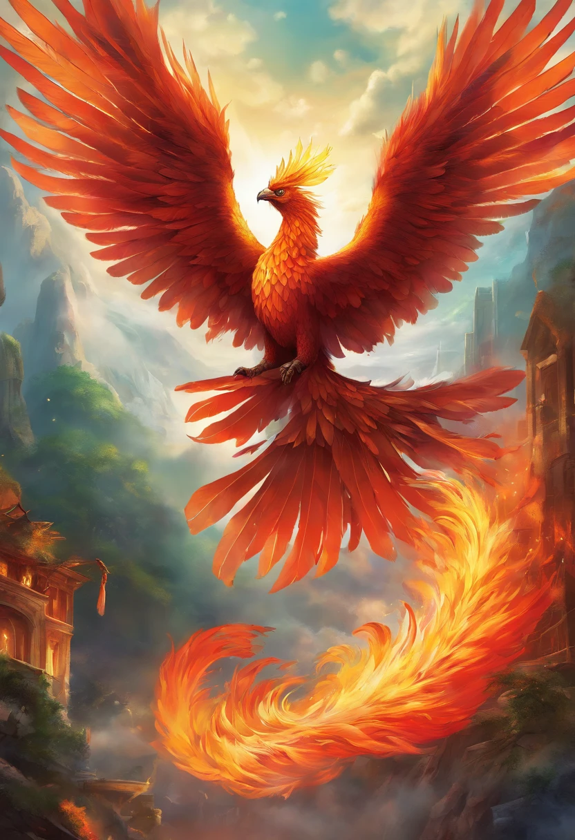 (best quality, 4k,8k, high, masterpiece: 1.2), highly detailed, (realistic, photorealistic, photo-realistic: 1.37), bright and vivid colors, sharp focus, clear expression, beautiful feathers, flaming wings , fiery tail ,mythical creature,fierce and majestic,Phoenix rising from the ashes,dramatic lighting,ethereal light,illustration,fantasy,light shining through the clouds,ruined hospital building,dramatic atmosphere,transformation and rebirth,detailed feathers, feathers in shades of bright red, black, white and green, wisps of smoke and fire swirling around the phoenix, shining eyes, graceful posture, majestic and awe-inspiring presence, hope and resilience, ancient legends brought to life, stunning beauty, guardian of fire and life the mystical, extraordinary attention to detail, exuding warmth and power, emphasizing the texture and complexity of feathers, beautiful depictions of power and grace, legendary creatures in flight, awe-inspiring and magical representations of phoenixes, photo-realistic depictions of mythical wonders