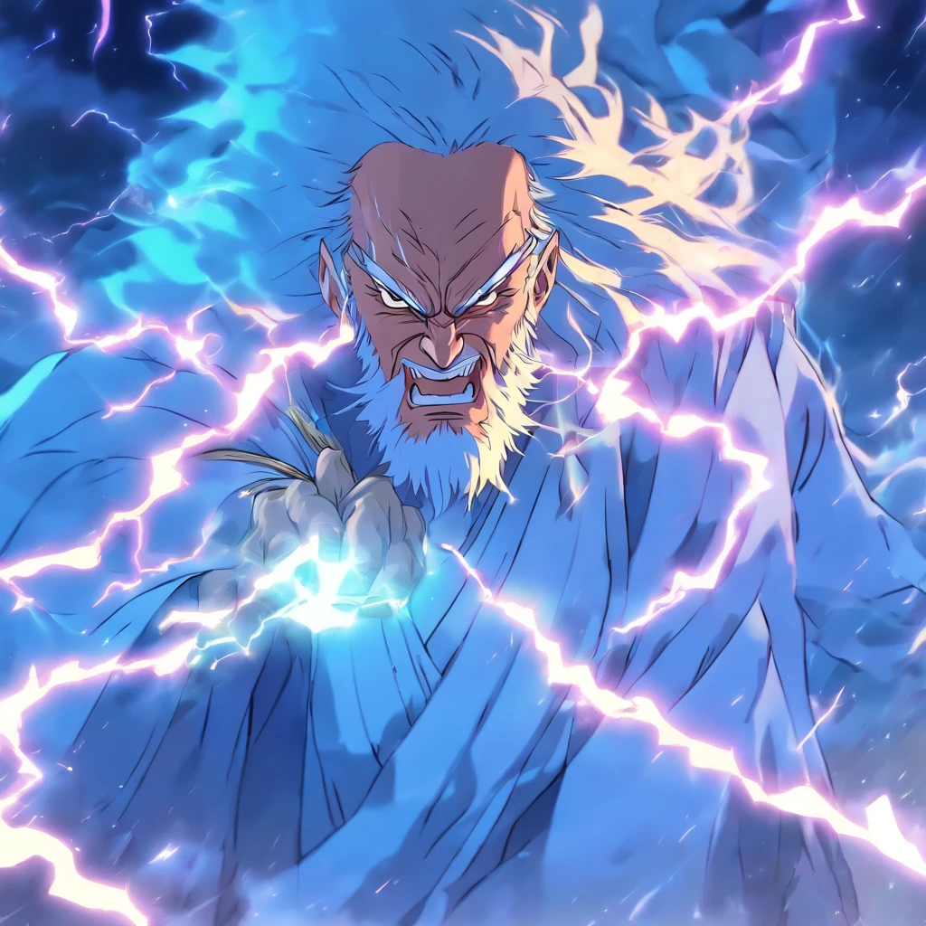 An old man,long white hair,White beard,Face full of wrinkles,A fierce-eyed,Grinning,White robe,Sword in hand,The sword qi stretches across thousands of miles,Pounce forward,on the sky,Offensive posture,The background is night,Lightning surrounds,tmasterpiece,8K quality,Faraway view