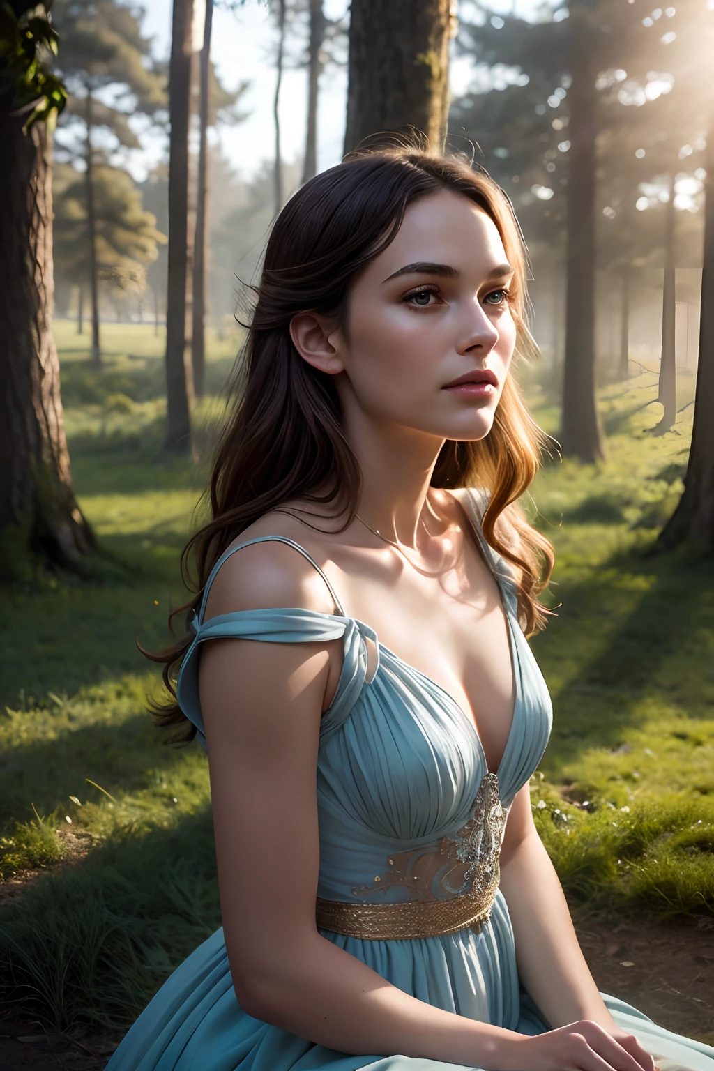 Keira Knightley,medieval period,fields of wheat,simple beauty,sitting by the creek,passionate and sensual movie scene,feeding water to her horse,(best quality,4k,8k,highres,masterpiece:1.2),ultra-detailed,(realistic,photorealistic,photo-realistic:1.37),oil painting,romantic atmosphere,vibrant colors,warm golden tone,soft and natural lighting,flowing gown,glistening brooch,rustic setting,melancholic expression,subtle wind blowing through her hair,gentle sunlight filtering through the trees,breathtaking landscape,subtle reflections on the water,rays of sunlight illuminating the scene,enchanted forest,vivid blue sky,butterflies fluttering around her,detailed horse anatomy and features,aesthetic composition,ethereal atmosphere,intricate details of her facial features,expressive eyes and lips,captivating expression,gentle smile,graceful posture,powerful yet delicate emotions,serenity and tranquility in her gaze,the charm of a bygone era,storytelling element,classic elegance,cinematic ambiance,timeless beauty unveiled,romantic yet strong-willed character,an epic love story unfolds in the beautiful countryside,a moment frozen in time,serene connection between the protagonist and her environment.