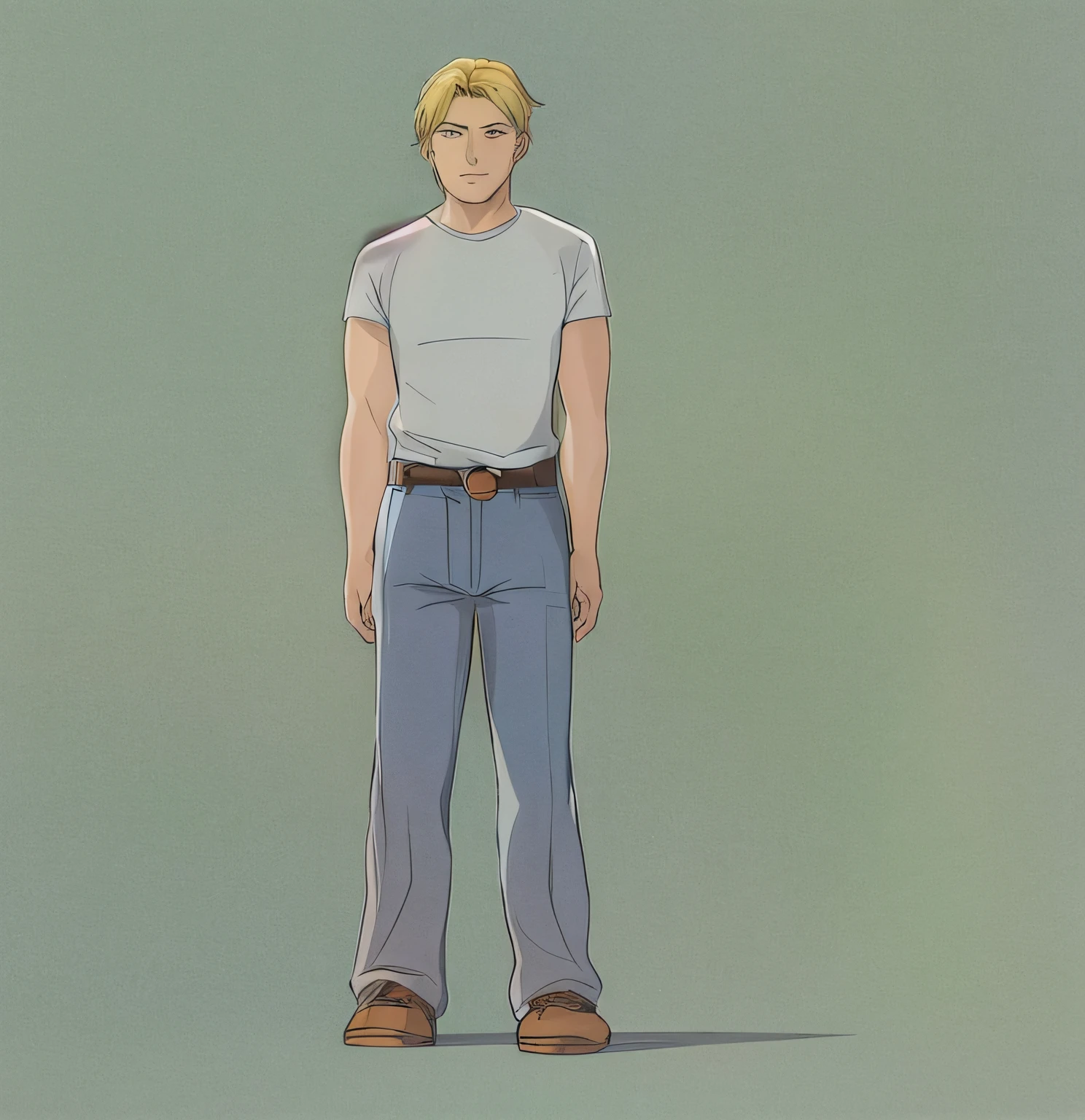 There was a man in a white shirt and blue pants standing, full body character portrait, full body character portrait, character full body portrait, unrealistic character concept, full-body portraits, concept art of single boy, boromir in an 80\'s anime world, full body portrait of a short!, Single character full body, full body single character