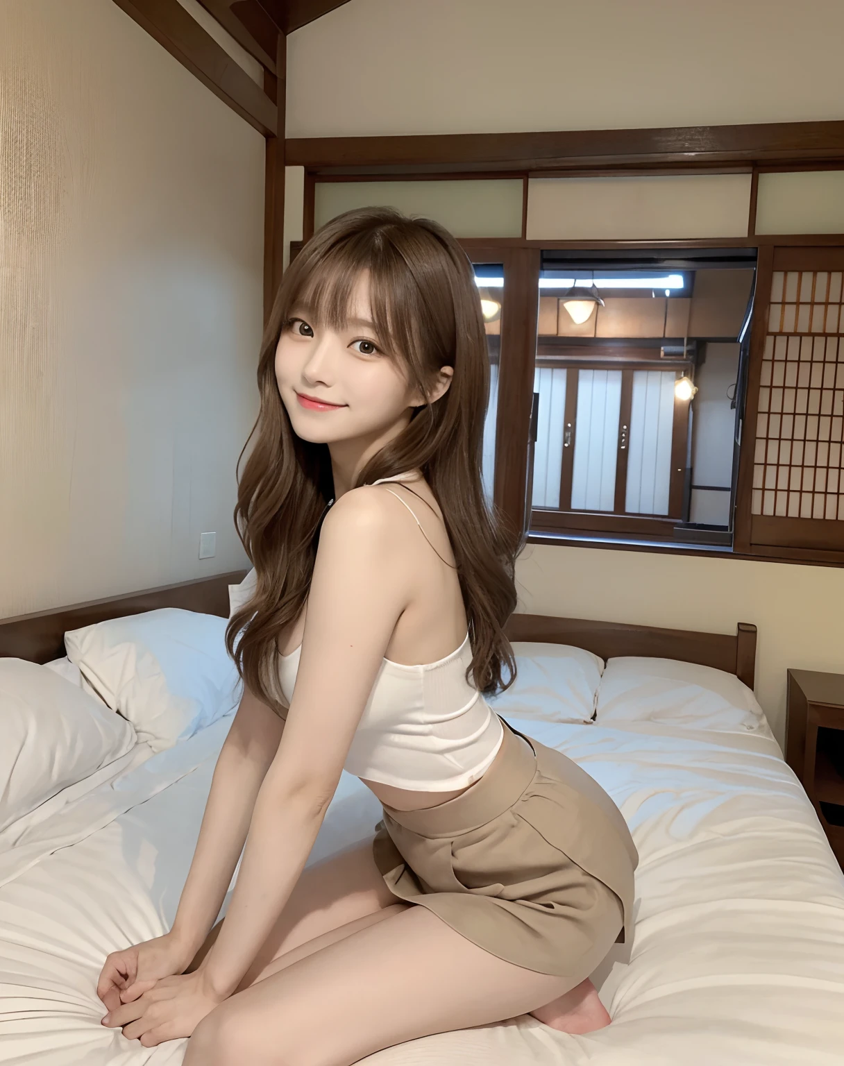 masterpiece:1.3), (8K, Photorealsitic, Raw photography, Top image quality: 1.4), (1 Japan High School Girl)、hair messy, asymmetrical bangs, light brown hair、cleavage of the breast, Super Detail Face、Eye of Detail、Bring your chest together、foco nítido、1 cutest woman、light brown hair、top-quality、masterpiece、超A high resolution、(Photorealsitic:1.4)、Highly detailed and professional lighting smile、slender, girl、乃木坂アイドル、韓国アイドル、hposing Gravure Idol、女優、age19、tall, flank、slim , Skinny Legs, (knees up:1.2), From Side,