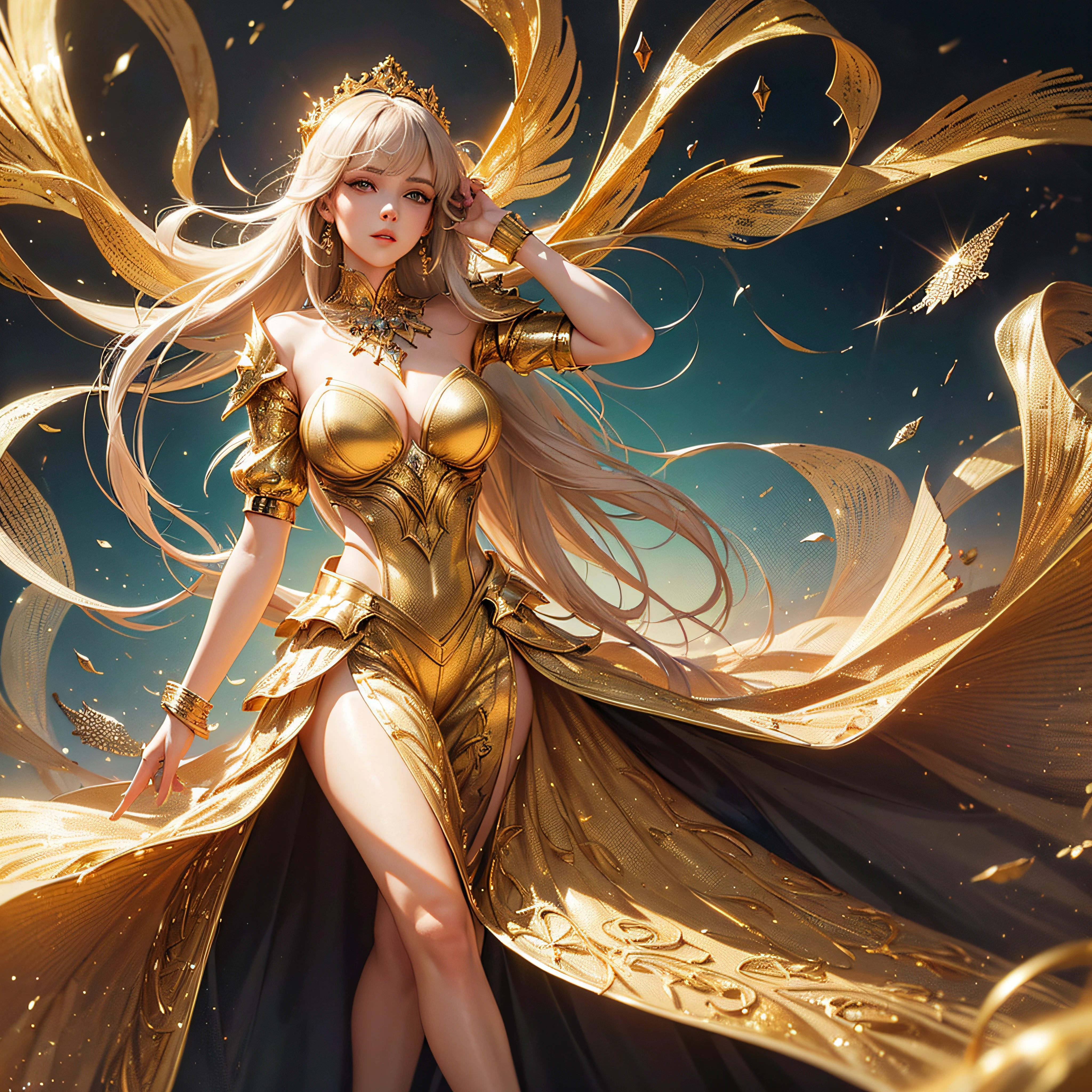 a woman is photographing her face, in the style of dmitry kustanovich, delicate modeling, photobashing, felicia simion, uhd image, glittery and shiny golden jelwery, golden armor, golden clothes, full body clothes