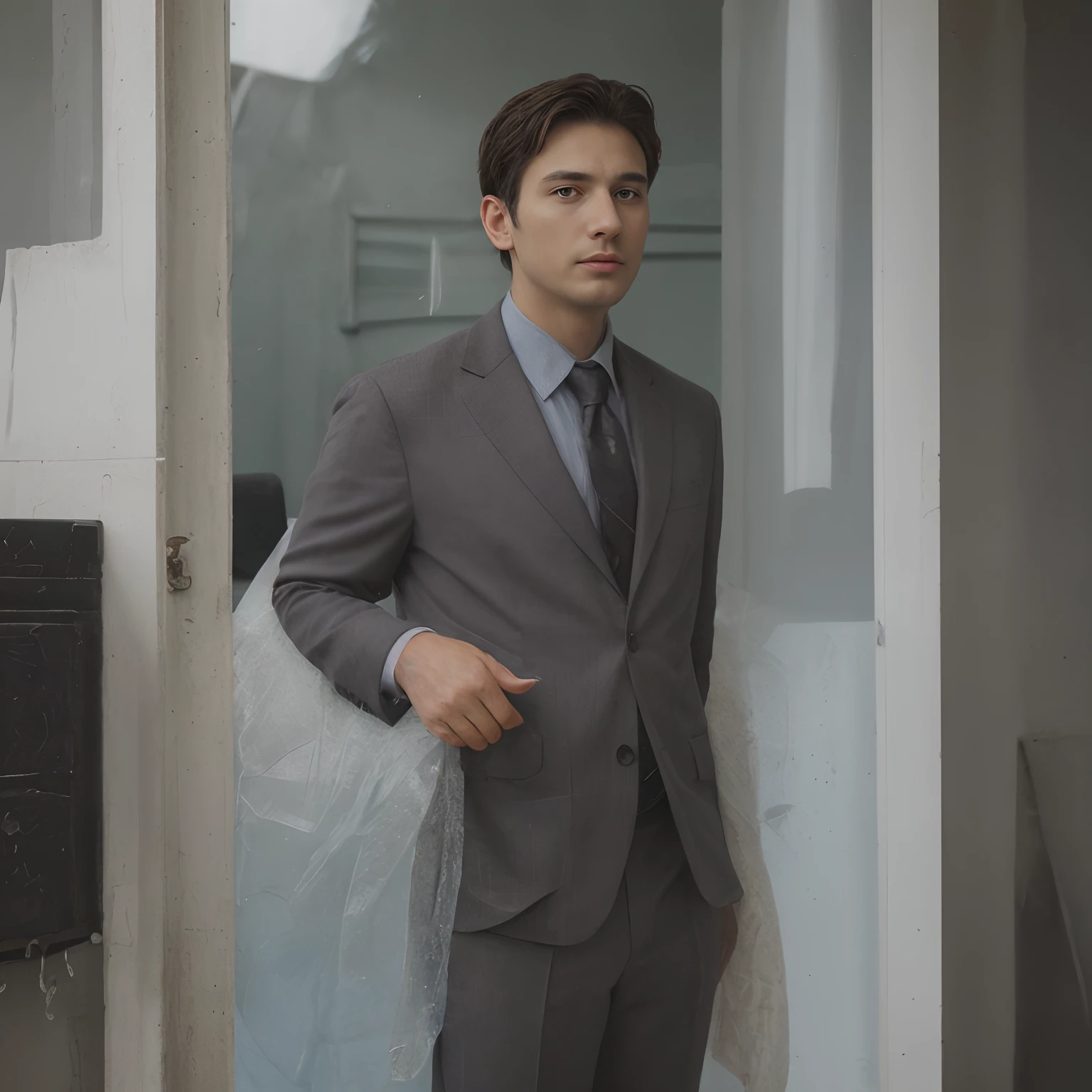(piece of master), (best quality), cinemactic, photorealism, rendered, Realistic, ultra detailed, perfect face, portrait frame, chest up, elegant man, man in a suit, 24 year old man, short beard, brown eyes, black suit, tie, expensive suit, successful businessman, CEO, short hair, dark and short hair, front, beautiful, city and buildings with bluish colors in the background