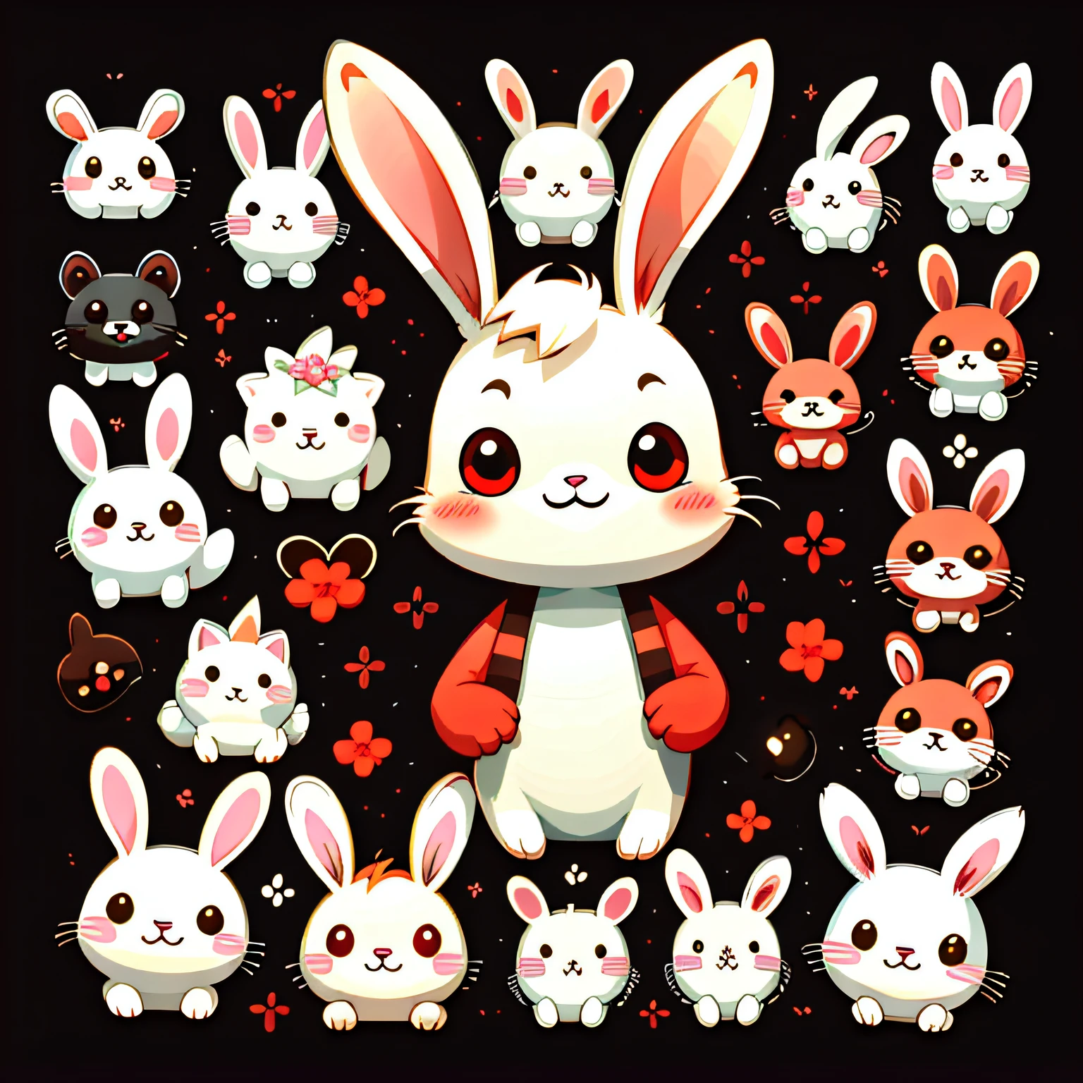 Emoticon pack,bunny\(organism\),simple backgound,Cartoon Cute,red color eyes,There is a mole on the chin,Coffee-colored hair