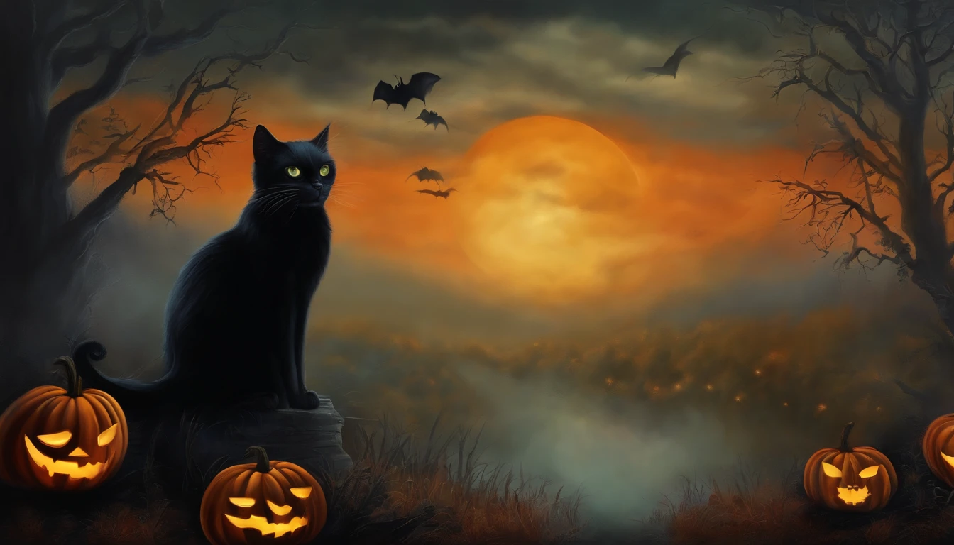 Dark Gothic Mist Halloween Black Cat Art Painting, estilo vintage