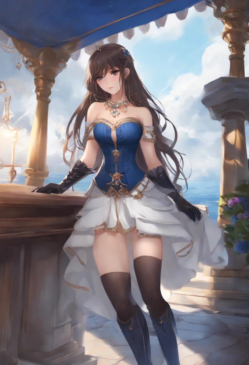 ((Best Quality)), ((masutepiece)), ((1girl in)), Solo, ferry, ((Long hair)), Ferry Base, ((thighs thighs thighs thighs)), Bare shoulders, ((Jewelry)), ((Sleeveless)), White Dress, Blue skirt, ((gloves)), thigh highs,