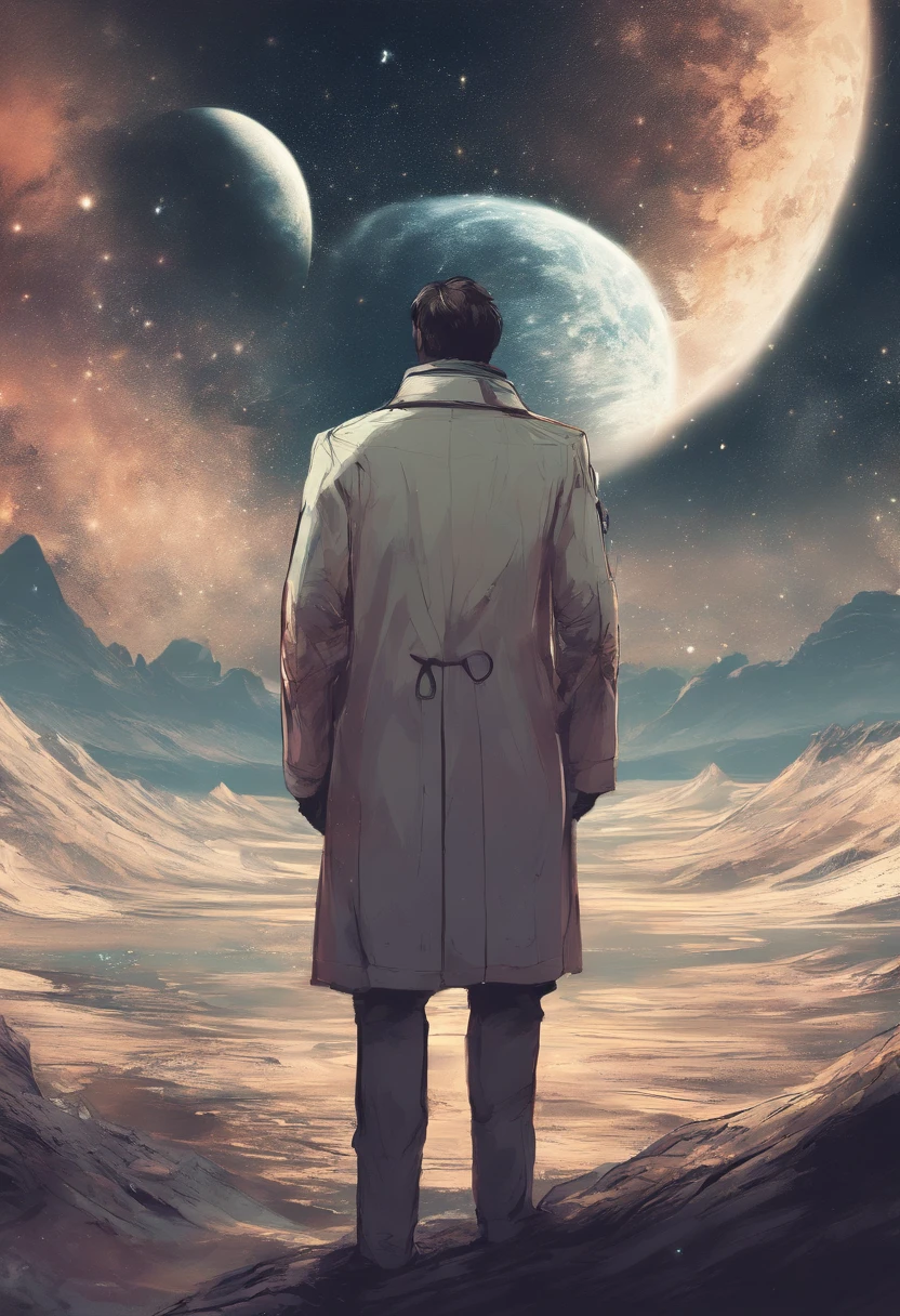 A scientist in a scientific coat turned his back to us,looking at the stars