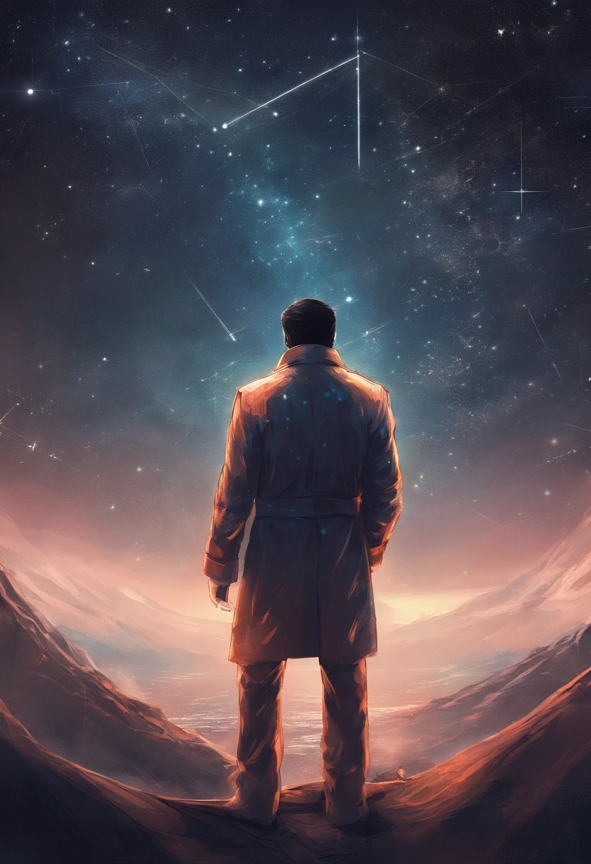 A scientist in a scientific coat turned his back to us，looking at the stars