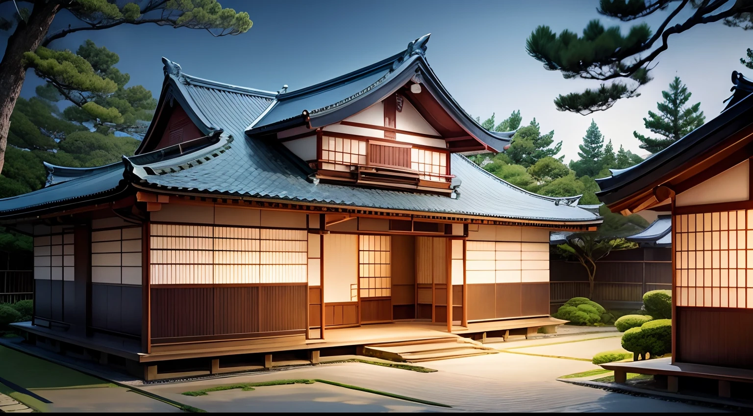 Japan style tile house with Japan houses and pine trees、moonlights