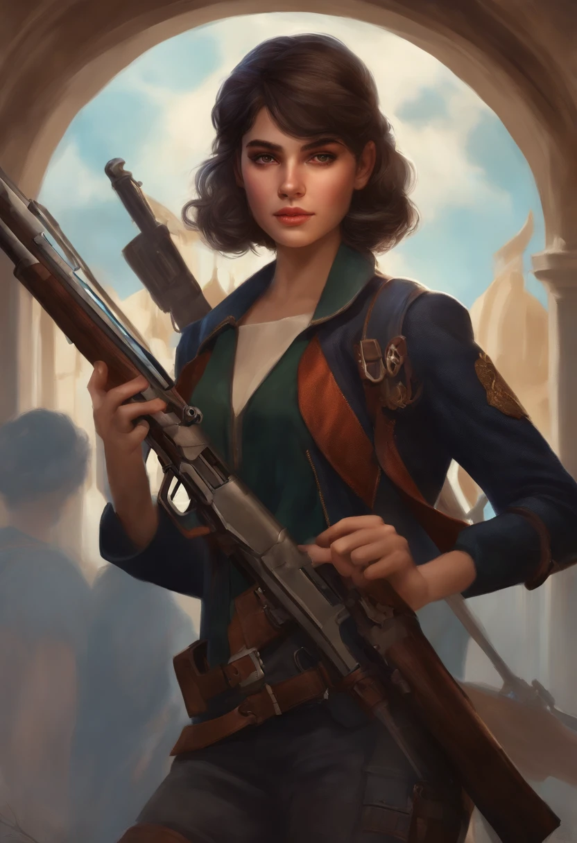 15-year-old girl in a school of heroes, com corpo volumoso e desenvolvido, He wields a magic rifle and has a domineering and conceited personality, peituda, em tempos modernos