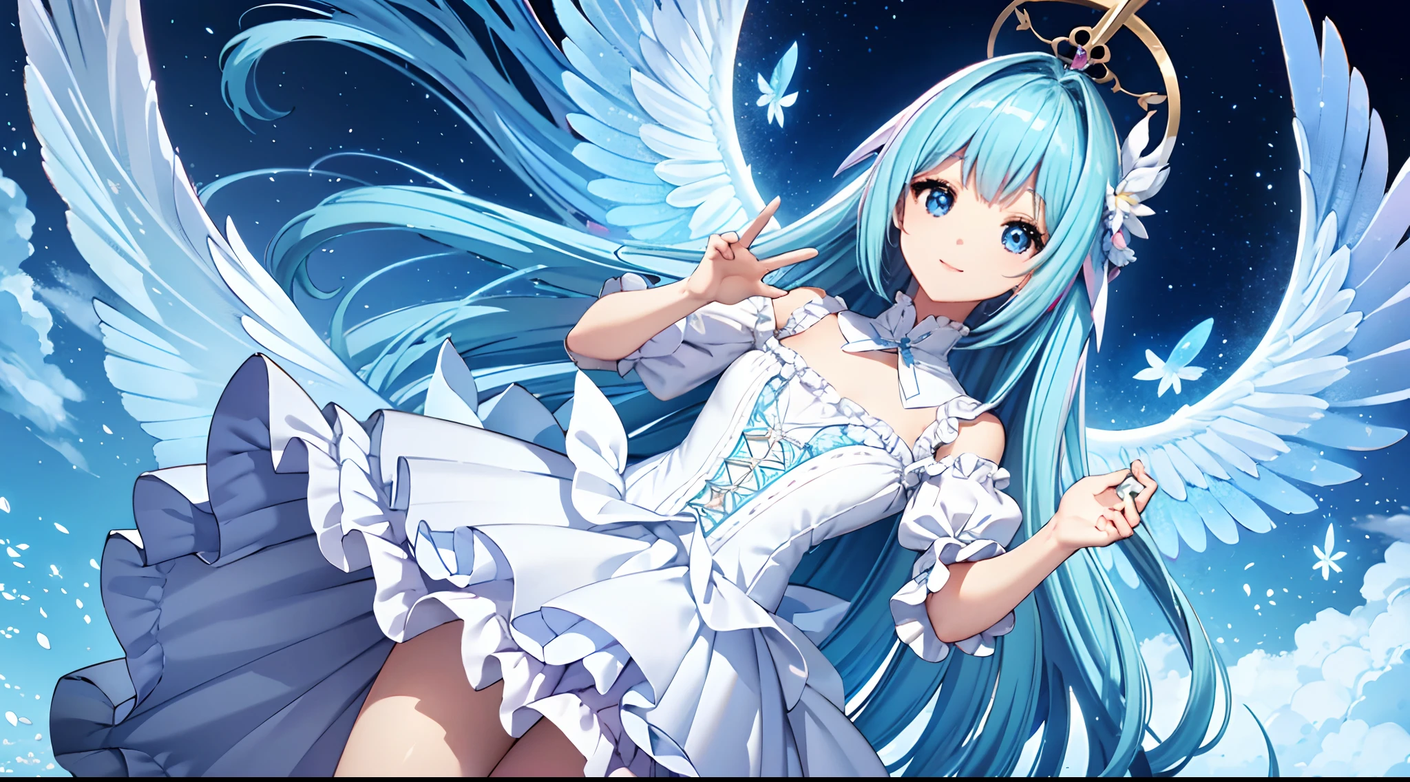 Big big wings of iridescent angel、1 kawaii girl、adorable smiling、Light blue long hair、Twin-tailed、In colorful angel costume in white and blue and pink Lolita style、Lots of frills、((top-quality))、((​masterpiece))、(ighly detailed、highestdetailed、Official art、Beautifully Aesthetic:1.2)