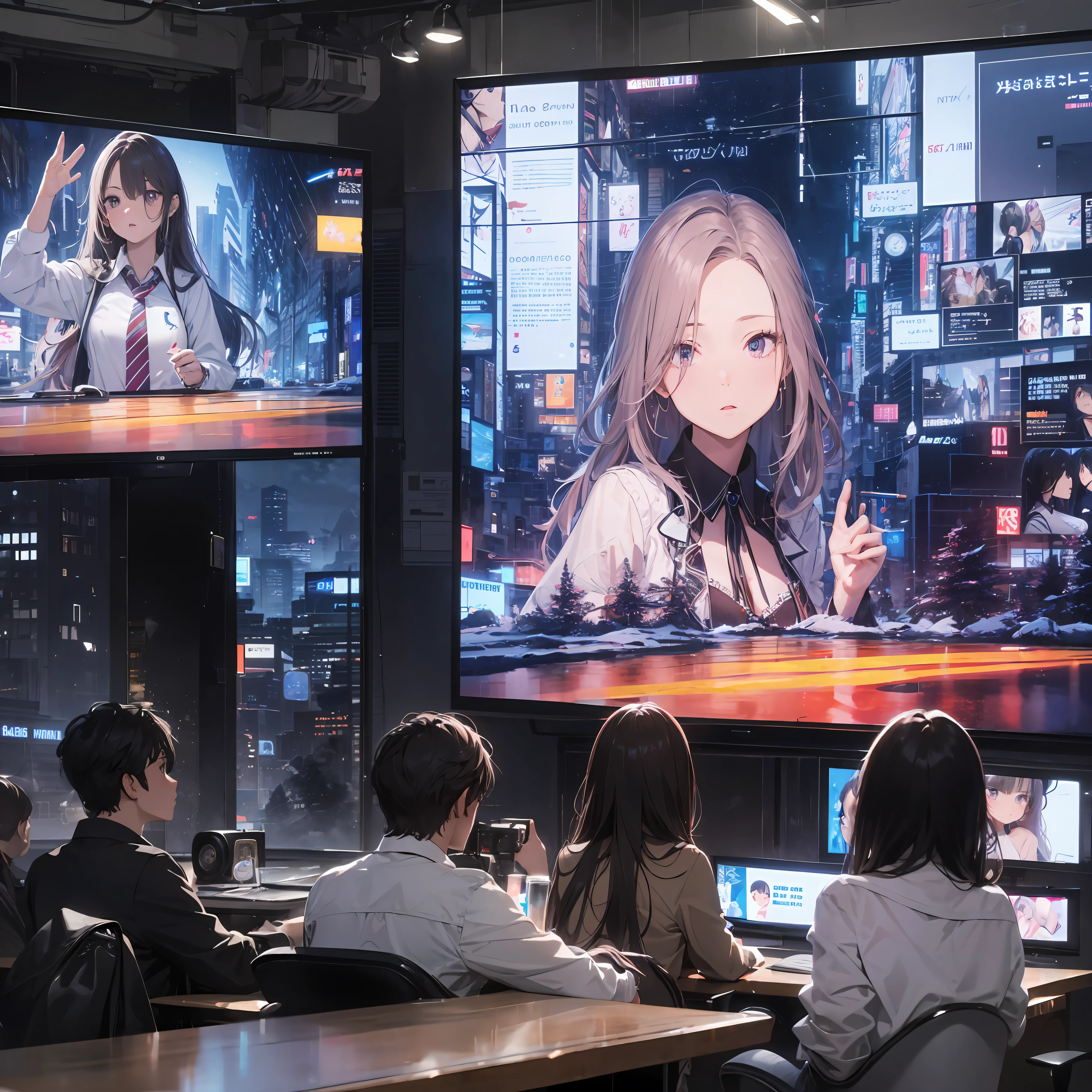 Absurd resolution, high resolution, (masterpiece: 1.4), hyper-detail, TV hostess is explaining the news about weathers, weather conditions is showing on screen, sitting, serious expression, big screen --auto --s2
