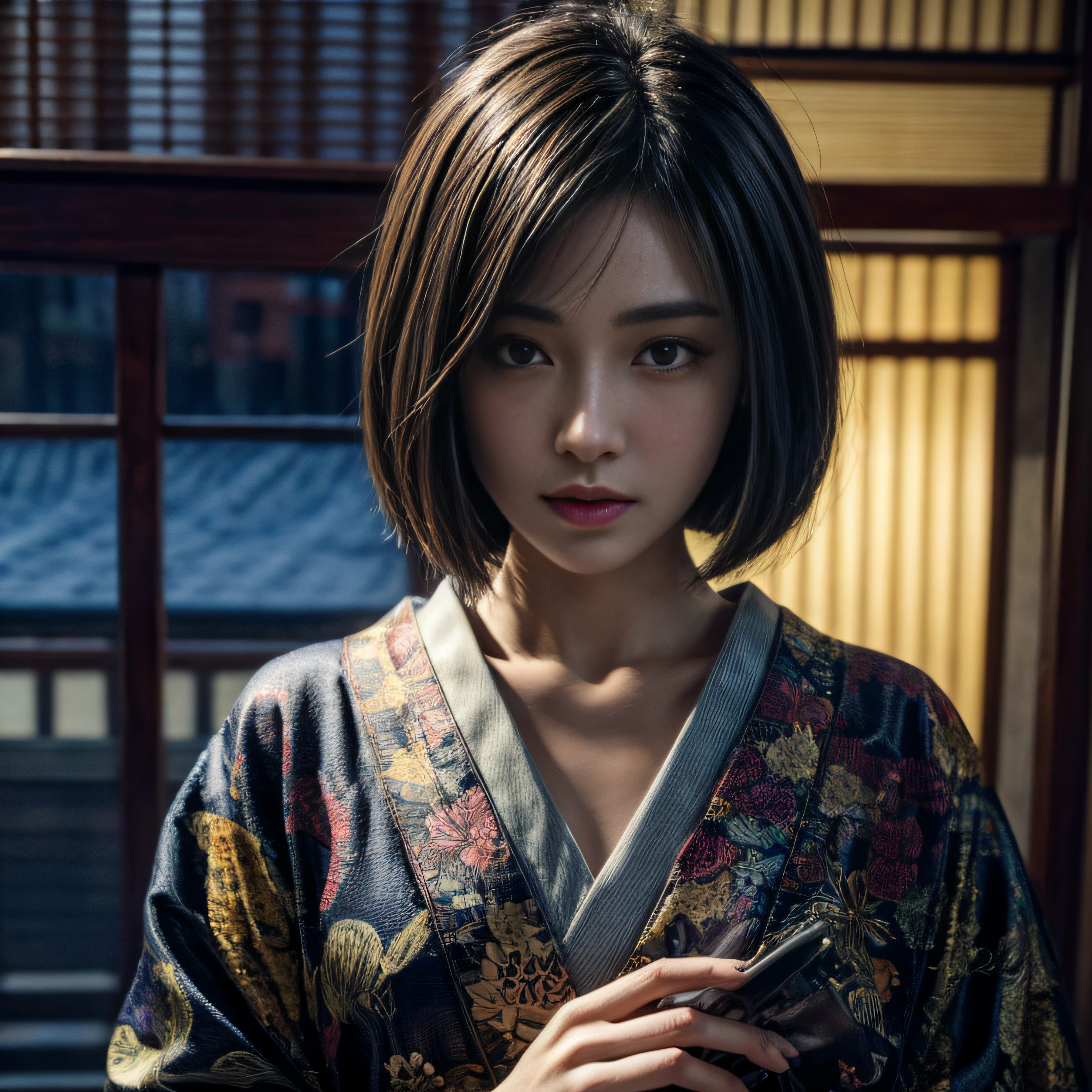 (best quality, masterpiece:1.2, highres, 8k),1girl, ((half body)), beautiful and perfect face, beautiful detailed eyes, beautiful detailed lips, (perfect anatomy, perfect hands), bob cut, japanese clothing, kimono, intricate details, very detailed, hdr, cinematic feel, ultra-fine painting ,ultra-detailed,sharp focus, vivid colors, physically-based rendering