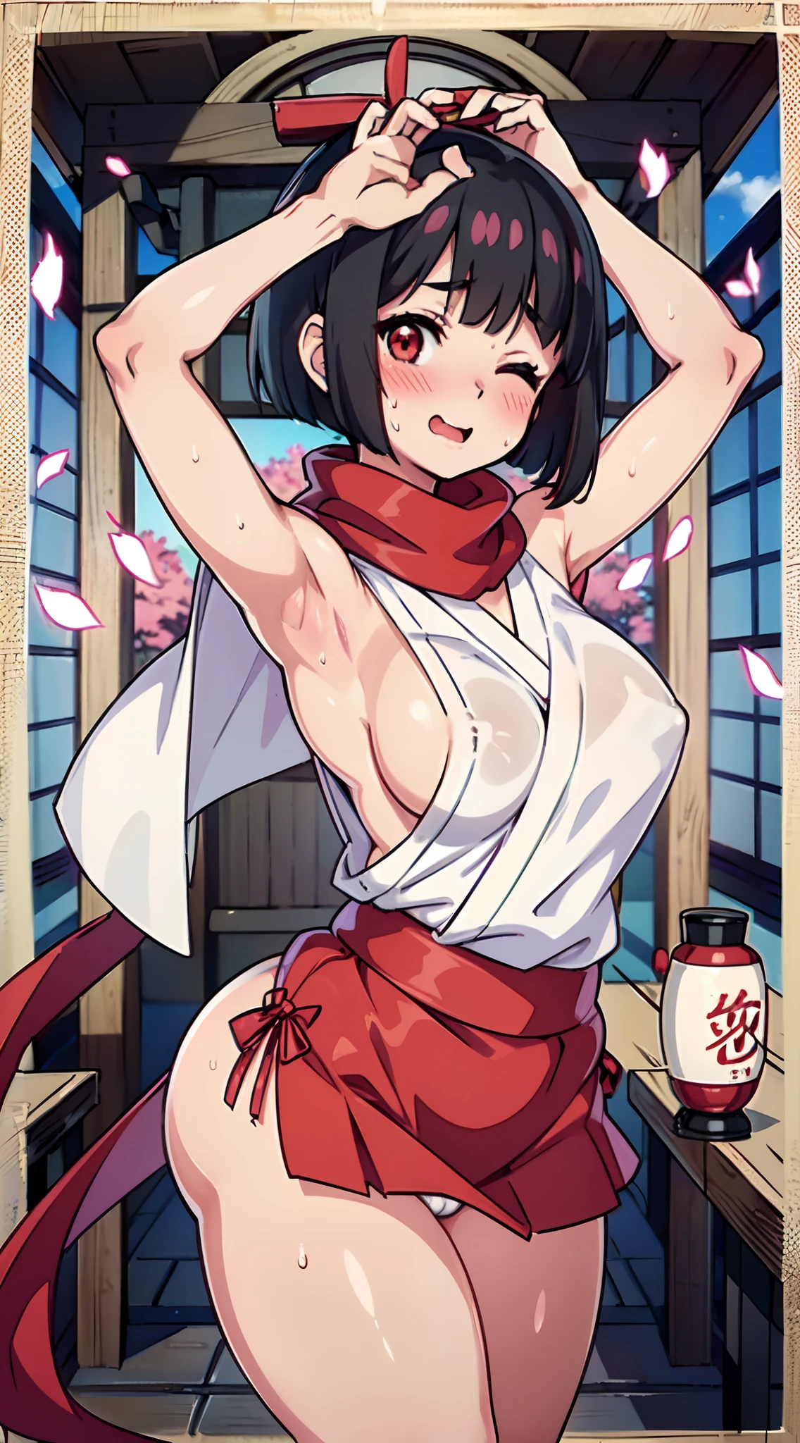 (Perfect body),Best Quality,16 K、(Lori)、(Kimono)、(shrine maiden)、sleeve less、(a miniskirt)、White panty、(((blush)))、:D、Eyes closed、I have my mouth wide open、Wavy mouth、Tsuriformes、Blunt bangs、(short-hair)、(((bob cuts)))、(Red Eyes),((Black hair)),(Sweat)、((red scarf))、((Big ass))、flat chest、(((thick thighs)))、Armpits、(‎Classroom)