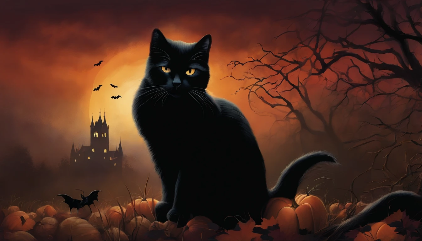 Dark Gothic Mist Halloween Black Cat Art Painting, estilo vintage