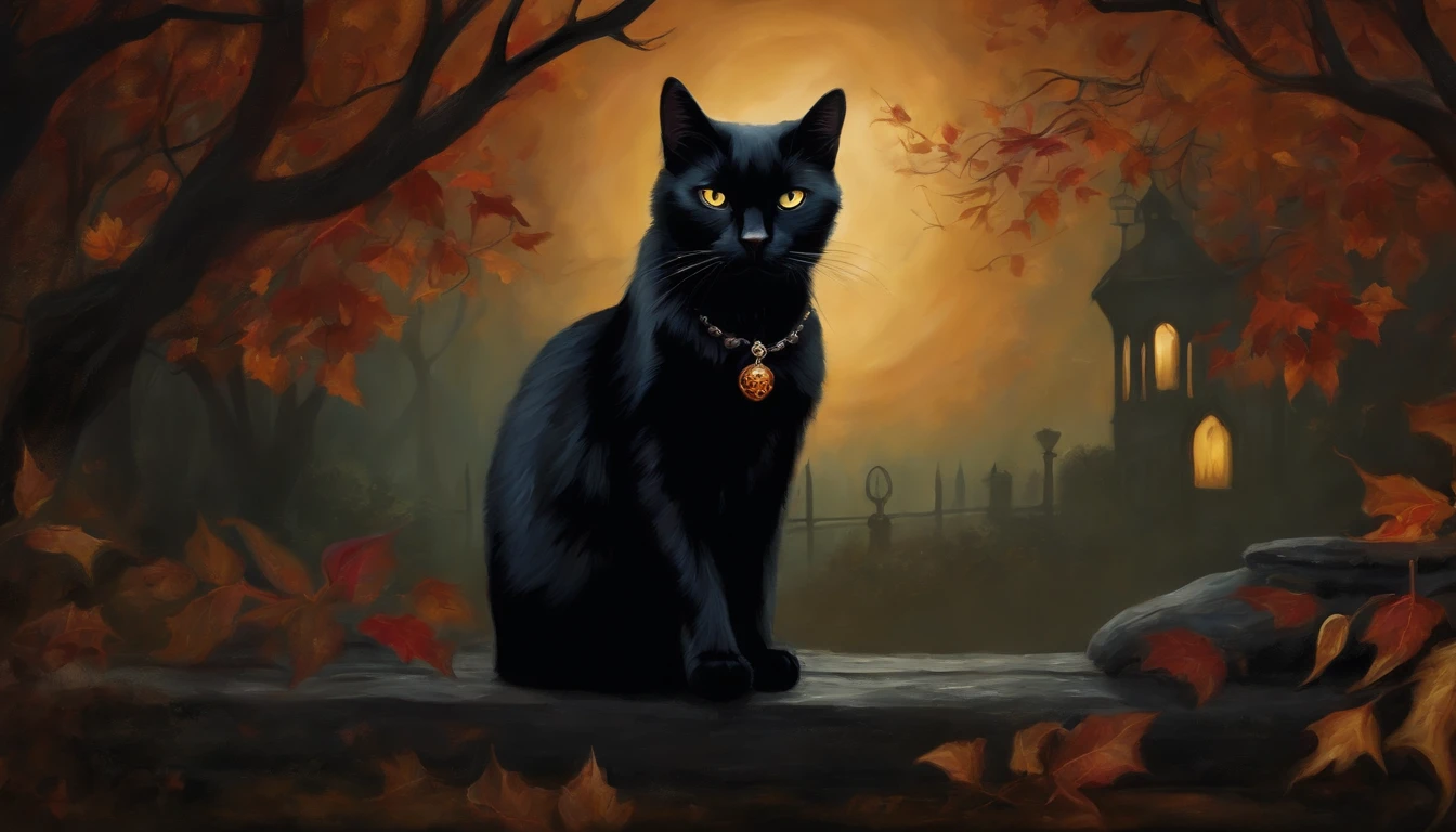 Dark Gothic Mist Halloween Black Cat Art Painting, estilo vintage