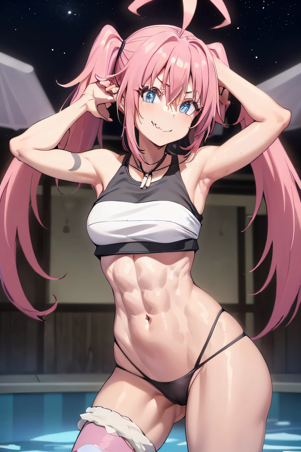 ((female)), (very messy hair), pigtails, (happy smile), Fangs, ((ripped abs)), toned arms and legs, medium breasts, Excessive sweating, (in the pool at night), bright blue eyes , ((pink hair)), barefoot, ((standing)), (((facing me in a sensual pose))), ((wearing only a thong)),