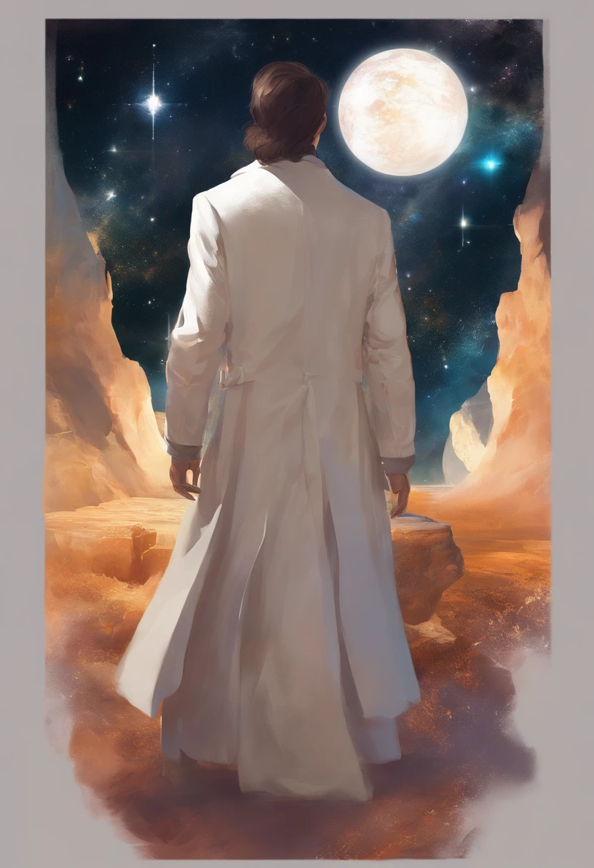A scientist in a scientific coat turned his back to us，looking at the stars