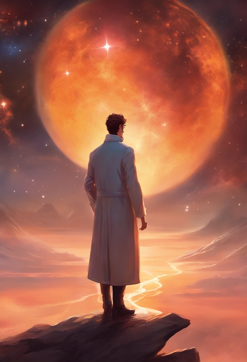 A scientist in a scientific coat turned his back to us,looking at the stars