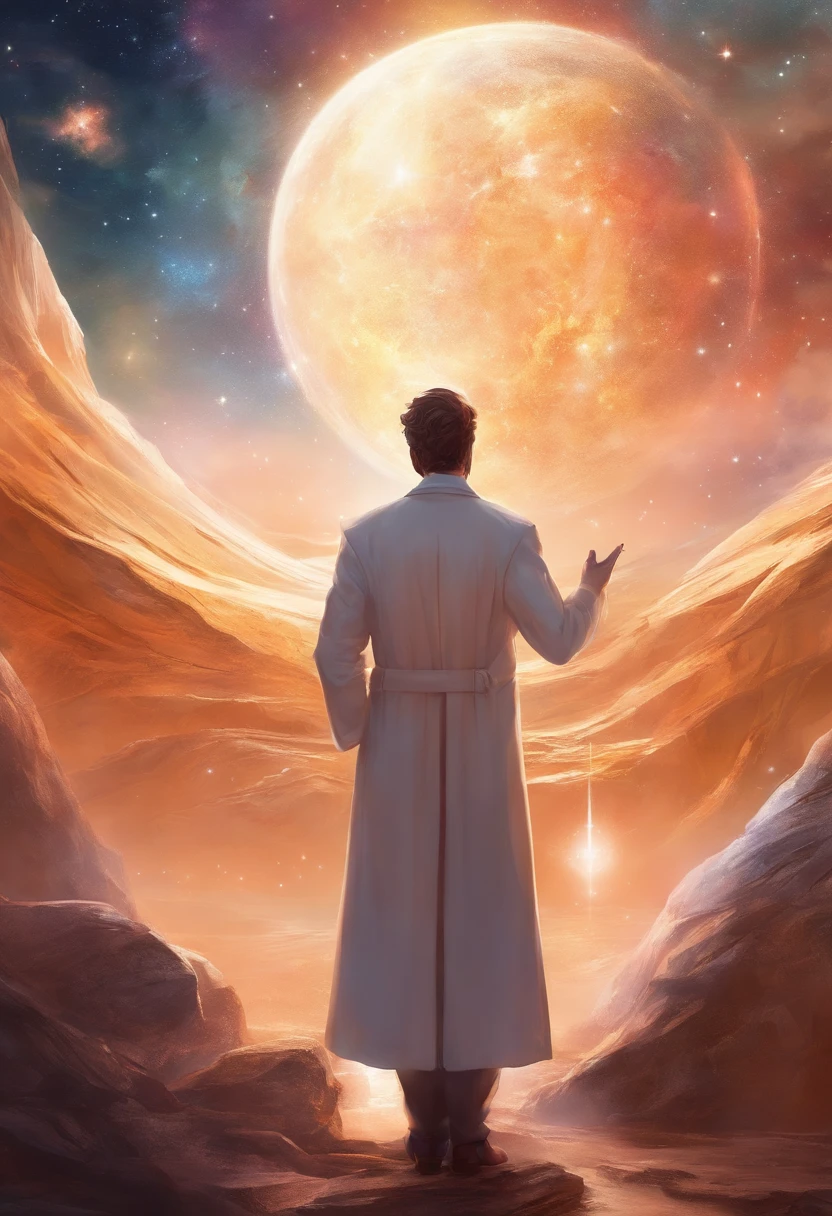 A scientist in a scientific coat turned his back to us,looking at the stars