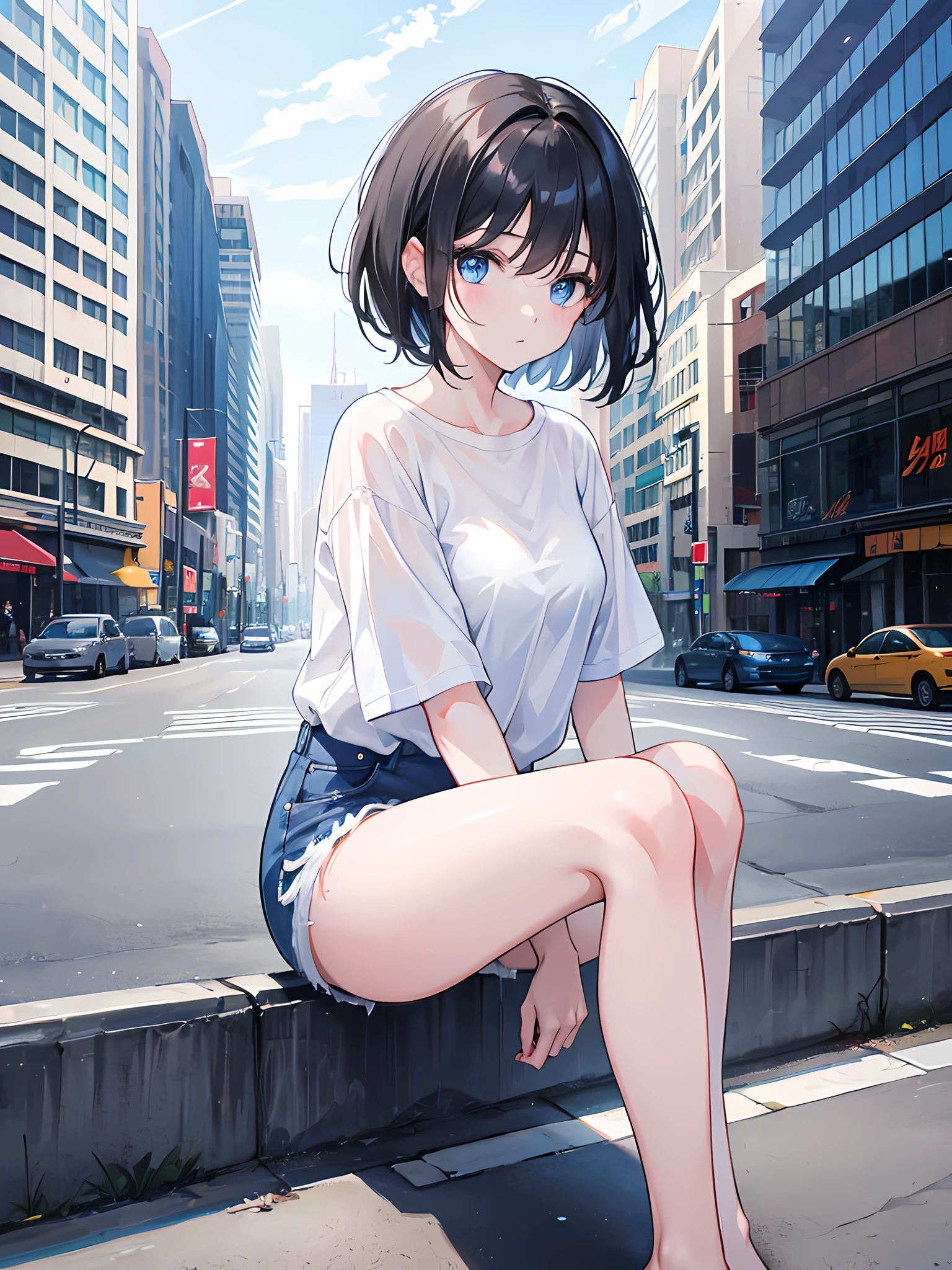1girl, short black hair, blue eyes, wearing plain white shirt, denim shorts, city, absurdres, high res, ultra sharp, 8k, masterpiece, looking at viewer