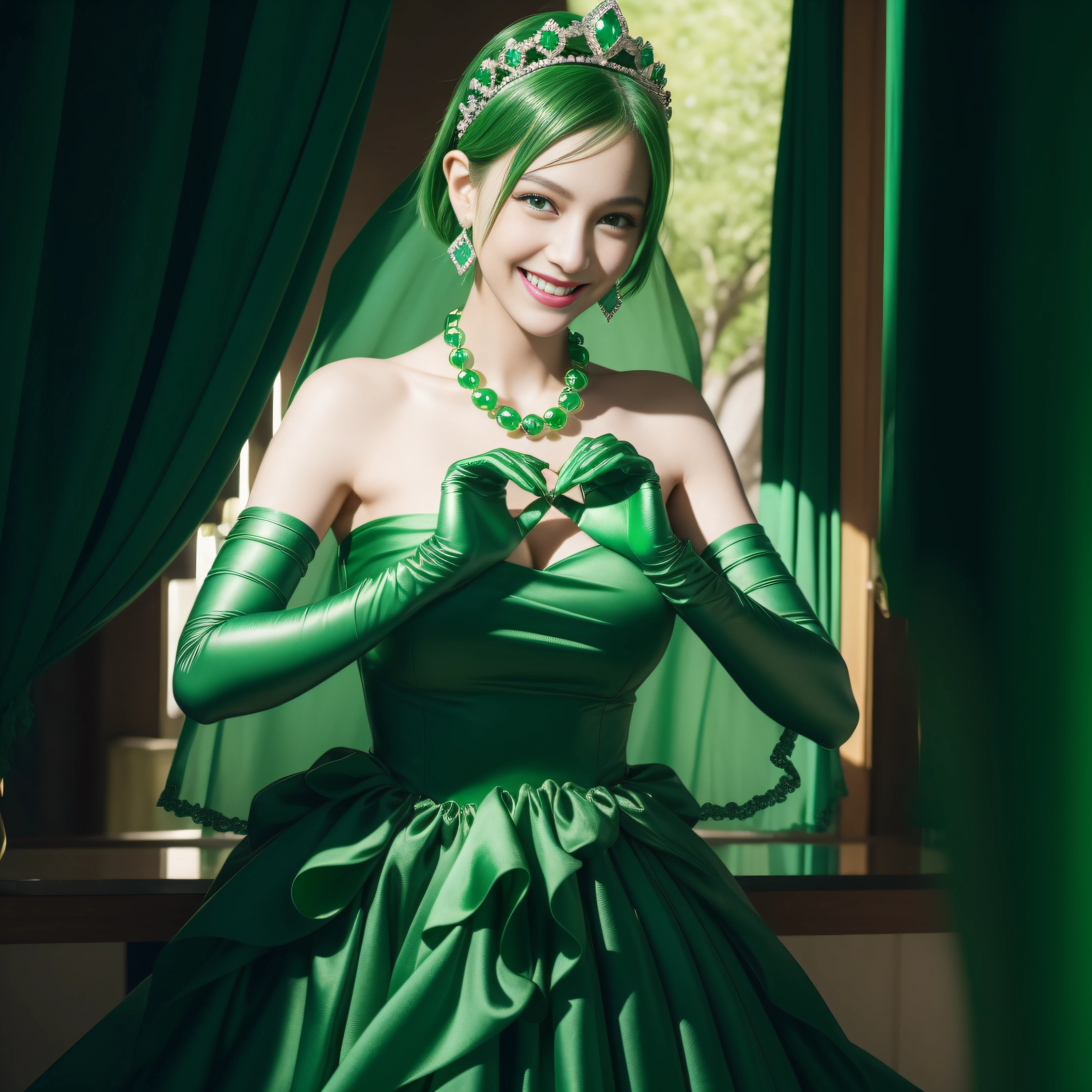 emerald tiara, Green Pearl Necklace, Boyish very short green hair, lipsticks, Japan woman smiling, very short short hair,  big breasts beautiful, Green eyes, Long green gloves made of satin material, Green eyes, Emerald Earrings, green vale, Making a Heart with Fingers