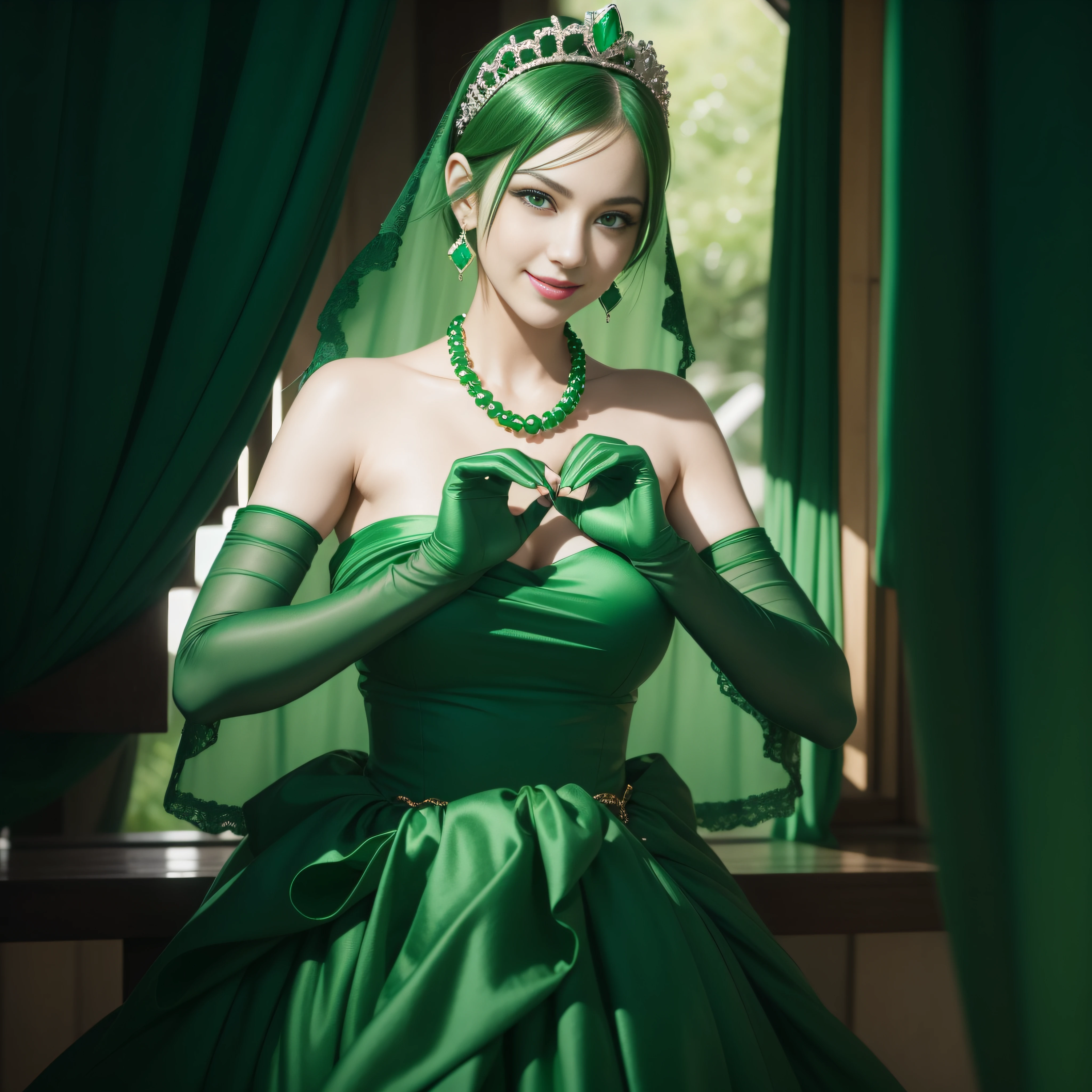 emerald tiara, Green Pearl Necklace, Boyish very short green hair, lipsticks, Japan woman smiling, very short short hair, big breasts beautiful, Green eyes, Long green gloves made of satin material, Green eyes, Emerald Earrings, green vale, Making a Heart with Fingers