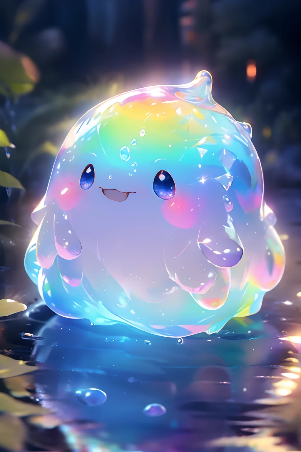 ( cute water slime, colorful slime, shiny and squishy, slime texture, transparent slime, glittery slime, iridescent colors, vibrant rainbow colors, sparkly and magical, soft and stretchy, squishy and bouncy, playful and fun, in a clear glass jar, with floating slime bubbles) 

(best quality, ultra-detailed, realistic:1.37), vibrant colors, studio lighting, vivid colors, bokeh