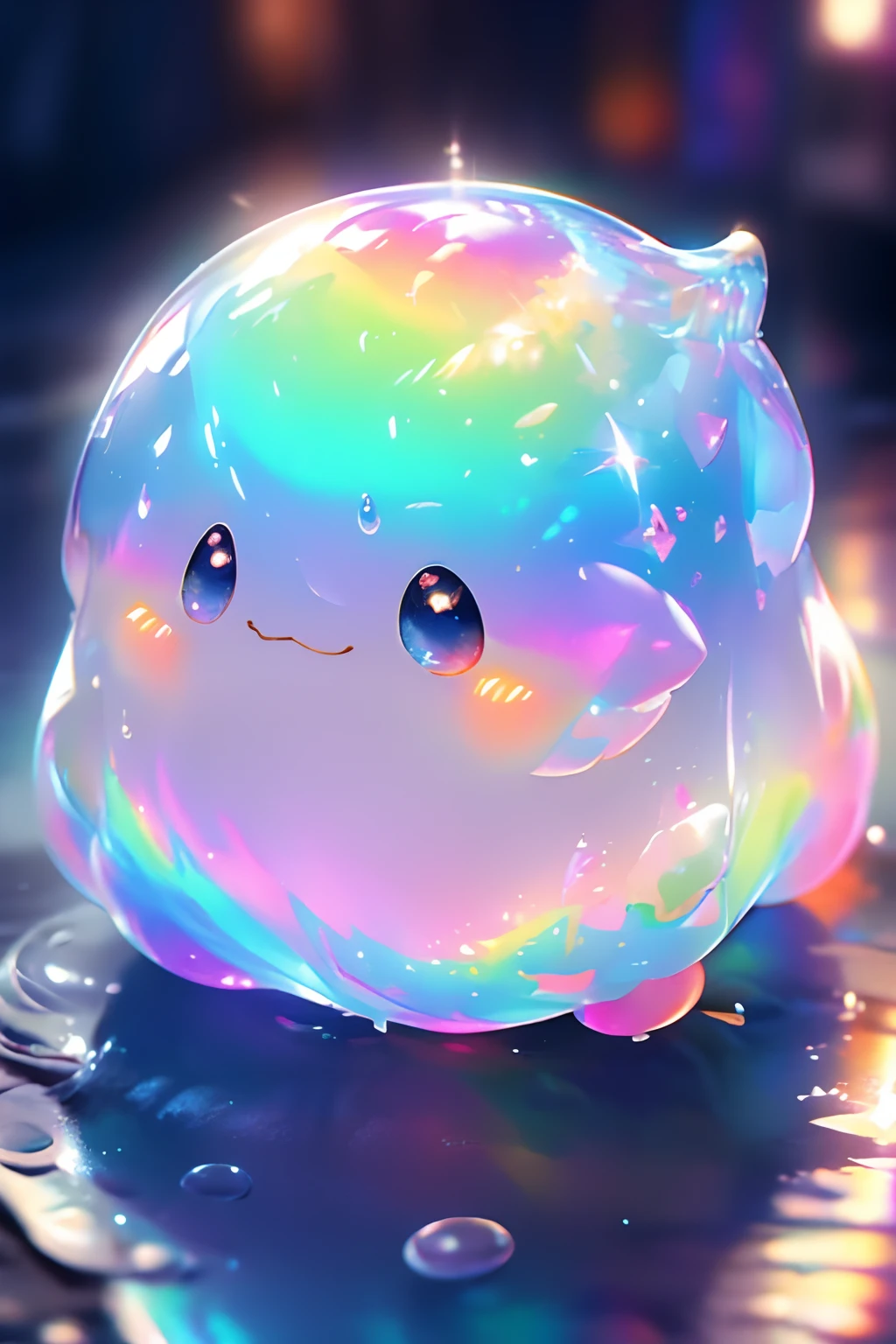 ( cute water slime, colorful slime, shiny and squishy, slime texture, transparent slime, glittery slime, iridescent colors, vibrant rainbow colors, sparkly and magical, soft and stretchy, squishy and bouncy, playful and fun, in a clear glass jar, with floating slime bubbles) 

(best quality, ultra-detailed, realistic:1.37), vibrant colors, studio lighting, vivid colors, bokeh