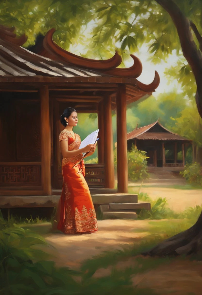 (a girl wearing a traditional Thai silk dress, happily writing C++ code under the shade of a serene tree in a Chiang Udonthani village),oil painting,cultural display,colorful flowers,traditional environment,(best quality,highres:1.2),detailed description,traditional Thai house and architecture,delicate brushstrokes,vibrant colors,natural lighting