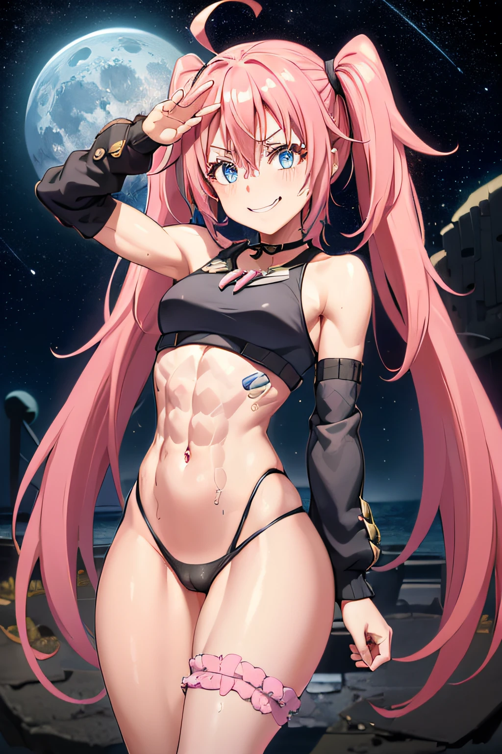 ((female)), (very messy hair), pigtails, (happy smile), Fangs, ((ripped abs)), toned arms and legs, medium breasts, Excessive sweat, (on the moon with starry sky and showing the planet earth), bright blue eyes, ((pink hair)), barefoot, ((standing)), (((facing me in a sensual pose))), ((wearing only a thong)),