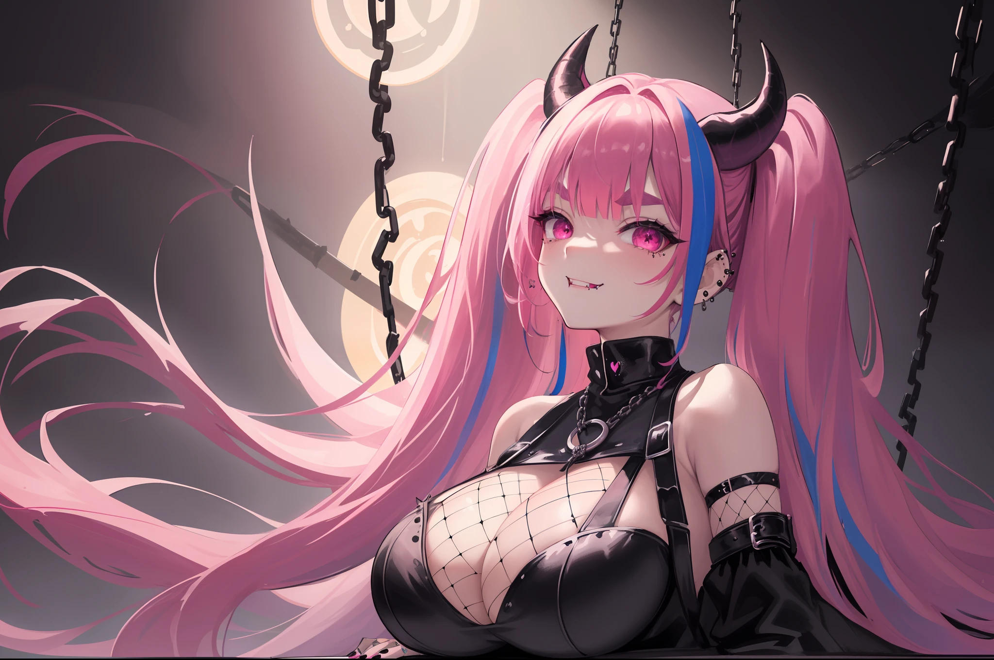 (best quality), detailed drawing, ultra detailed, (masterpiece), near shot, upper body,1 girl, simple background, cute, kawaii, smile, masterpiece, best quality, 1girl, masterpiece, high quality, best quality, (concept art, official art, full body), (three sided view:1.3), hot pink hair, ((light blue streaked hair)), voluminous wavy twin-tails, blunt bangs, straight bangs, slanted magenta eyes, fangs, thick eyebrows, black nails, ((huge breasts)), black dress, bare shoulders, ((lots of piercings)), black long fingerless gloves, GothGal, (fishnet stockings:1.25) girl in a black outfit, girl wearing a GothGal outfit, large boots, high heel, girl wearing a black leather garterbelt and (multiple leather straps, multiple iron chains attached to rings:1.125), ((devil wings and devil tail)), simple background, highly detailed fine art, (finely detailed beautiful eyes and detailed face), delicate depiction of facial features, simple background