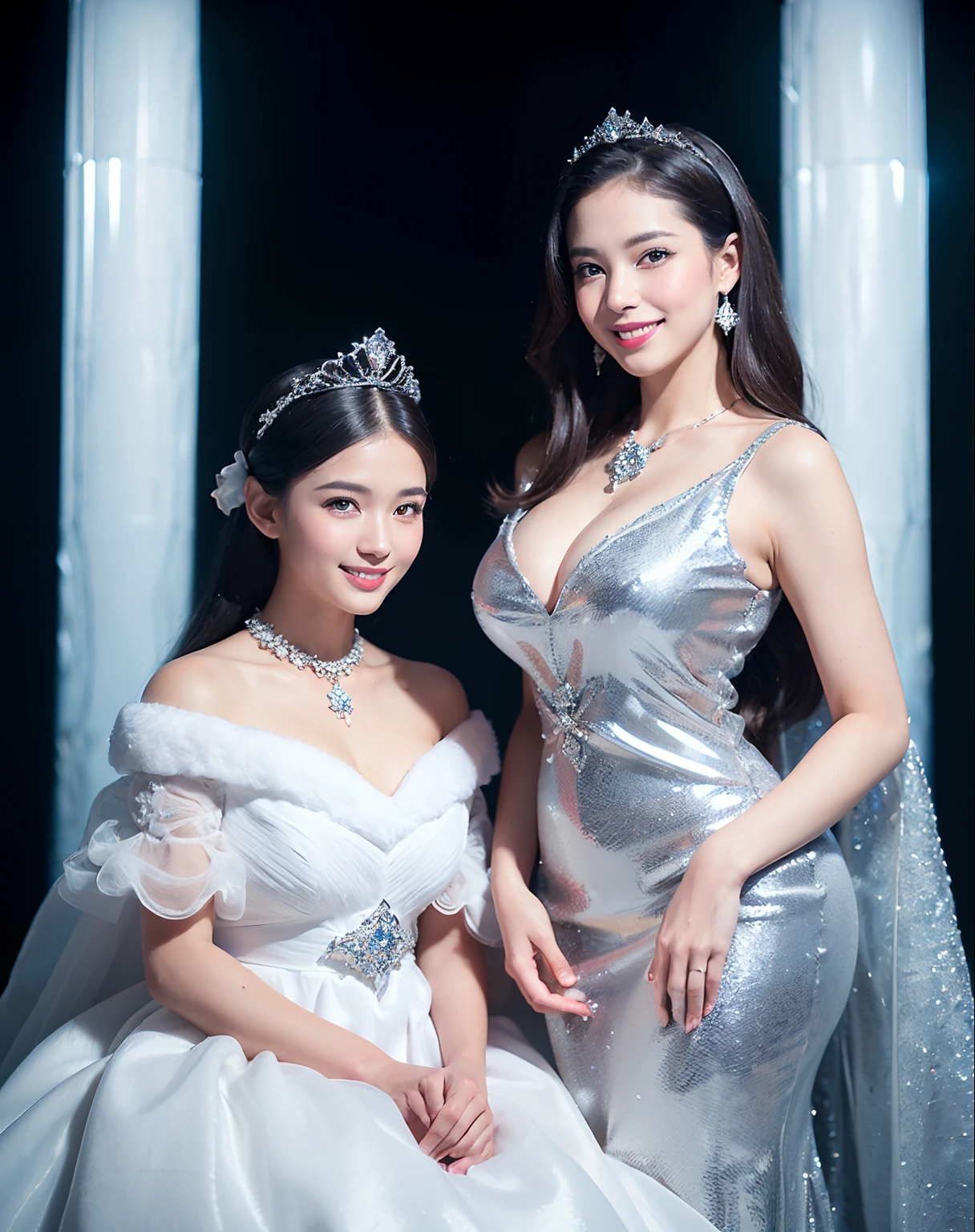 ((Two Snow Women,Two Snow Princesses,Two Japan Princesses,goddess of Japan, Two princesses, mother and daughter,16-year-old pretty daughter and 45-year-old beautiful mother,mother daughter,large full breasts,Snow-white skin,glistning skin)),((Dresses that shine in silver,Elegant and beautiful dresses,Elegant décor,Diamond Decoration,Sparkling tiara,artistic décor,Snow white dress、Princess Dresses,Jeweled dresses,Dresses with a large amount of jewelry,Luxurious necklace,Luxury beyond imagination,The most gorgeous decorations in the world, ),((Antarctic continent,Sea and icebergs,Iceberg,Mare,Snow like a jewel,Diamond Dust,The most realistic and complex backgrounds,the complex background,Highly detailed and realistic backgrounds)),(((See the perfect camera here,Big smile,Clean teeth,perfect teeth,White teeth,finerly detailed face,Quality and beautiful face,Clear and beautiful face,Perfect gas chamber,Perfect fingers,Perfect hands,Accurate 5 fingers)),Top image quality,8K,SLR Camera Photography,professional photograpy,Realistic quality
