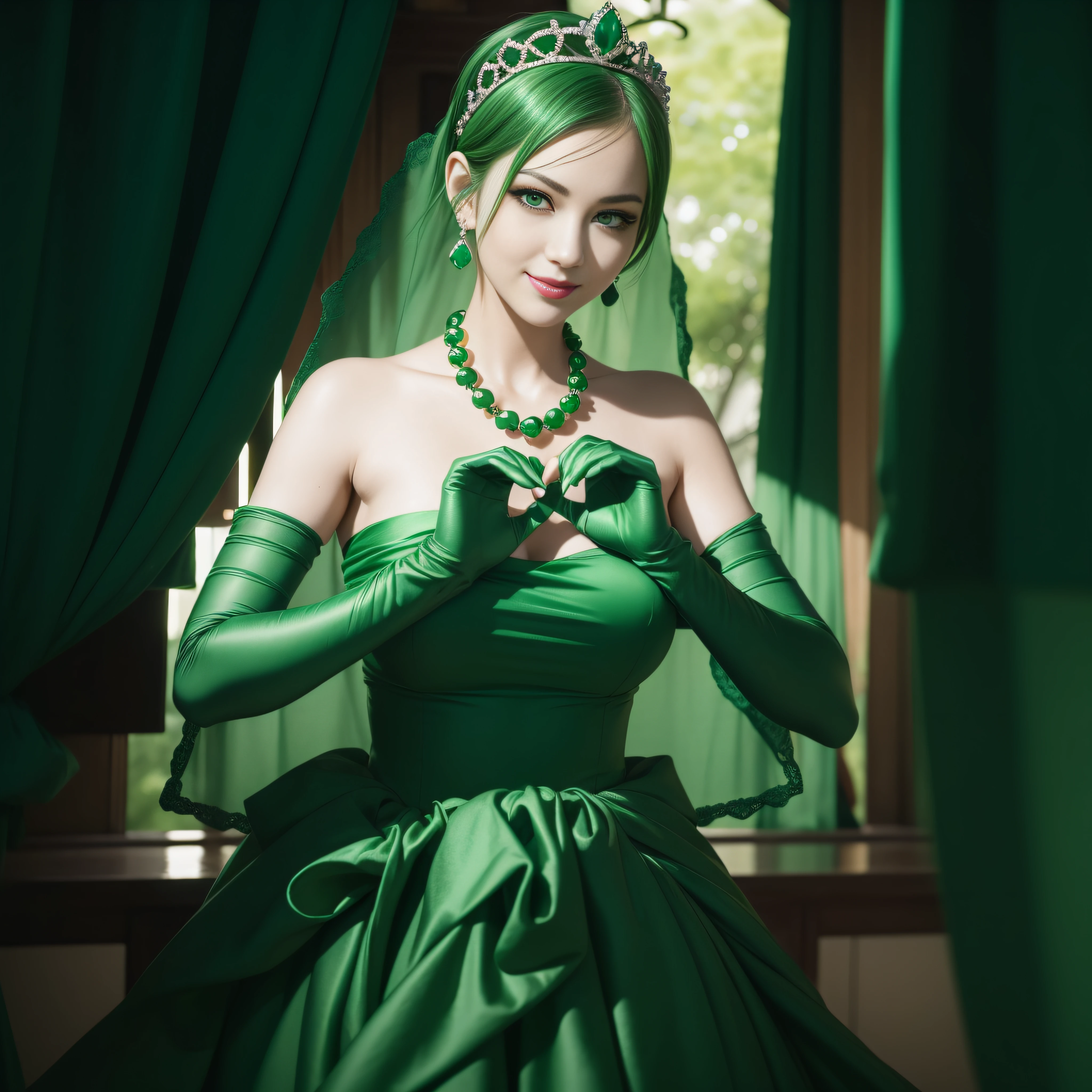 emerald tiara, Green Pearl Necklace, Boyish very short green hair, lipsticks, Japan woman smiling, very short short hair, big breasts beautiful, Green eyes, Long green gloves made of satin material, Green eyes, Emerald Earrings, green vale, Making a Heart with Fingers