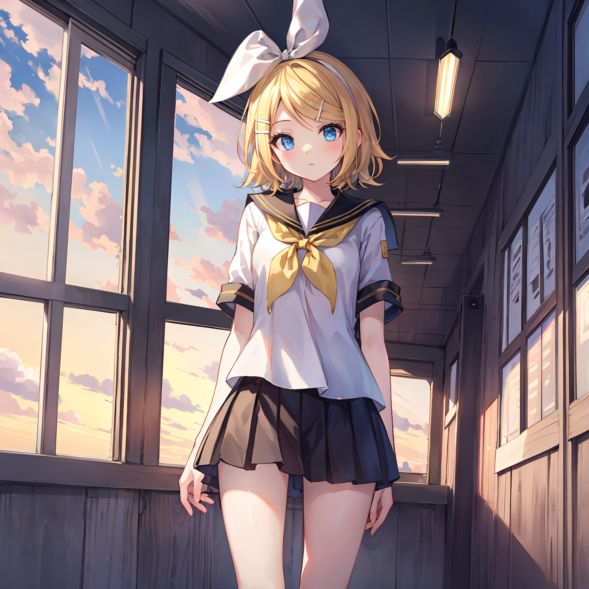 Kagamine Rin , cabello rubio 、ponytail 、ojos rojos、Hermosa chica sola、usando traje de enfermera 、una minifalda、pasillo de hospital , Legs with translucent white stockings)