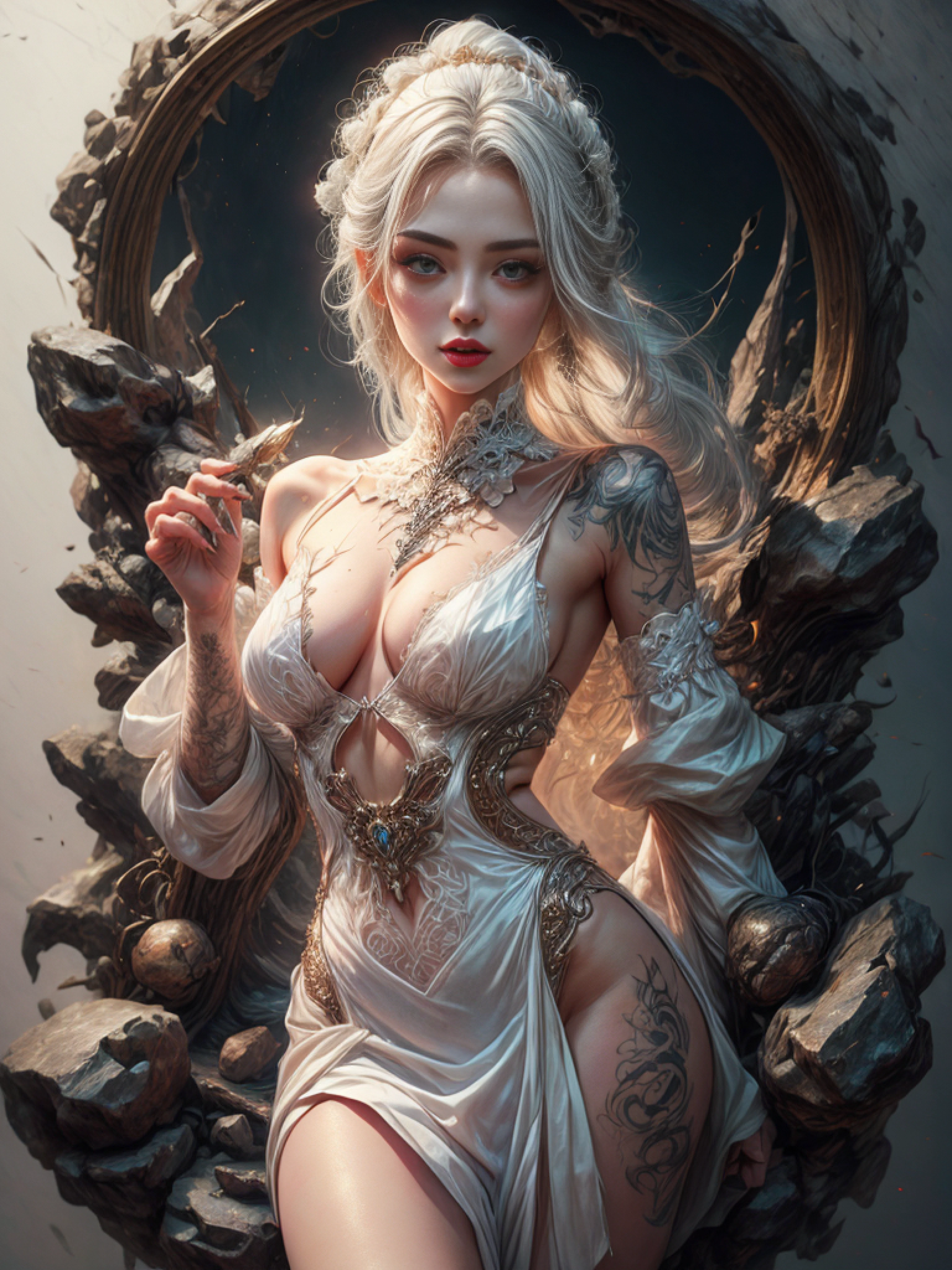 white forest background, erotic pose, pore white hair, small tits, big eyes, body covered with tattoo, red lips, erotic, dark light,, white dress