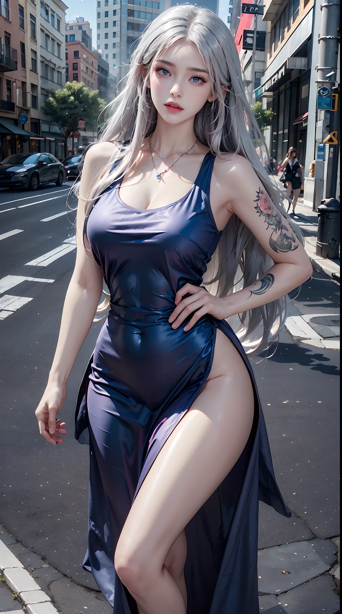 photorealistic, high resolution, 1women, shining skin, solo, tattoo, jewelry, pink lips, long silver hair, blue eyes, closed mouth, street wear, hips up, red dress