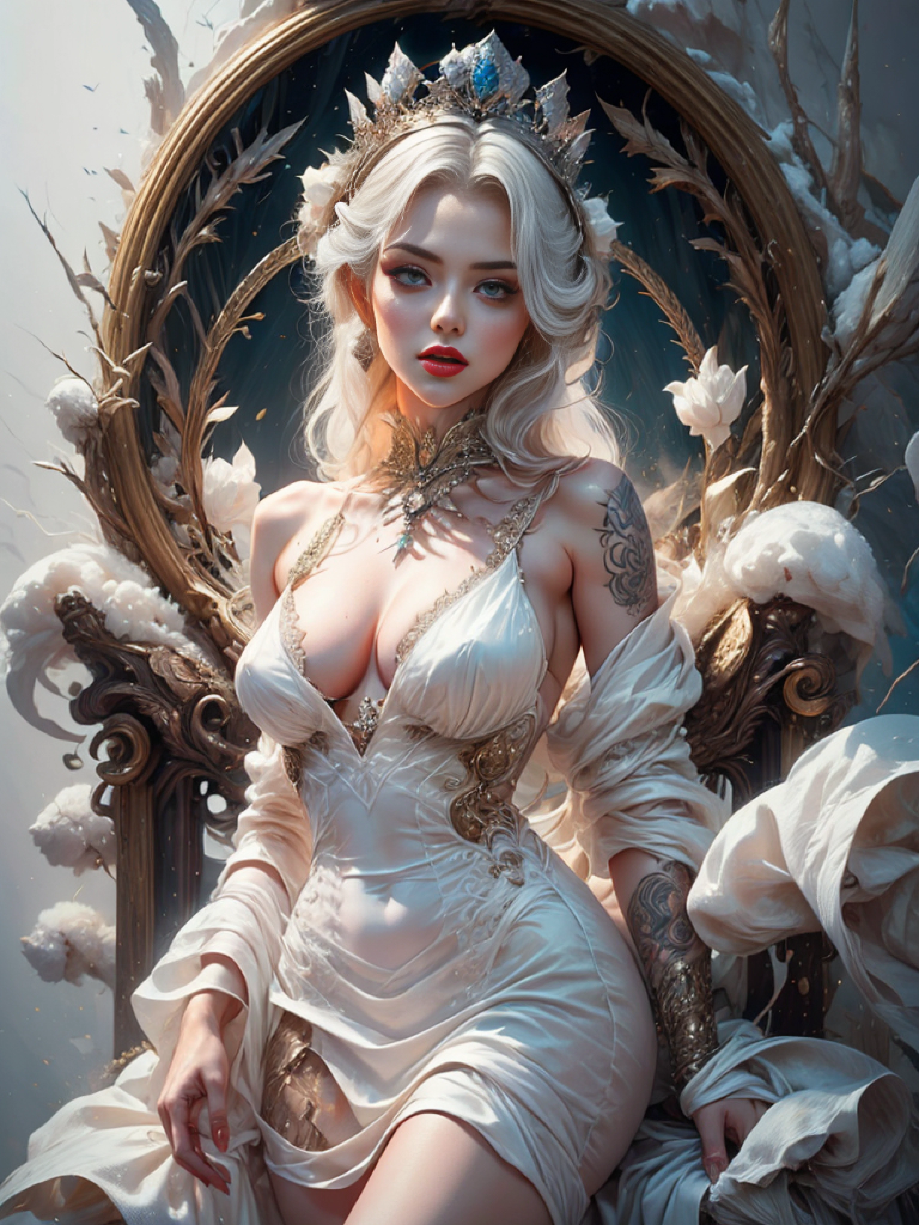 white forest background, queen, erotic pose, pore white hair, small tits, big eyes, body covered with tattoo, red lips, erotic, dark light,, white dress