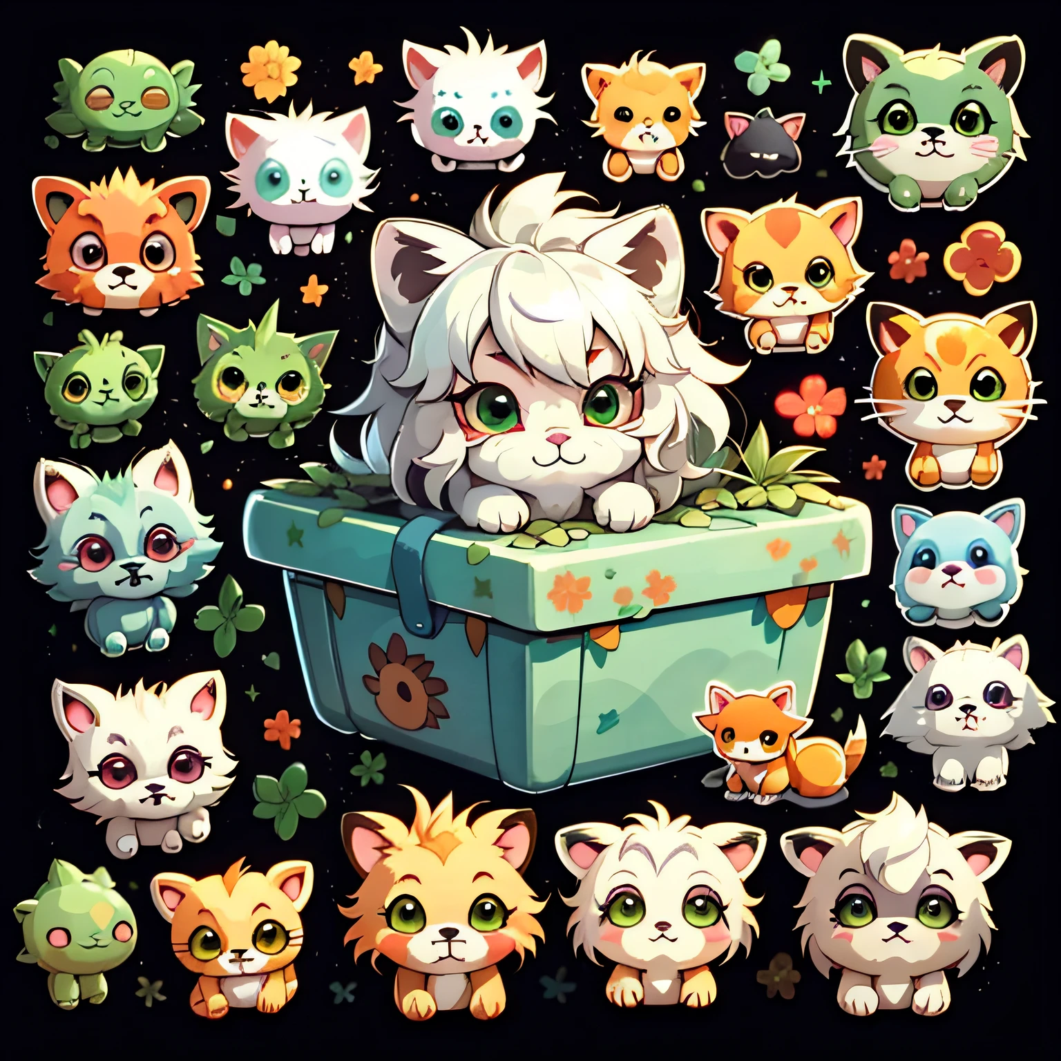 Emoticon pack，Little lion\（organism\），Face，simple backgound，Cartoon Cute，Green eyes，Silver-white hair