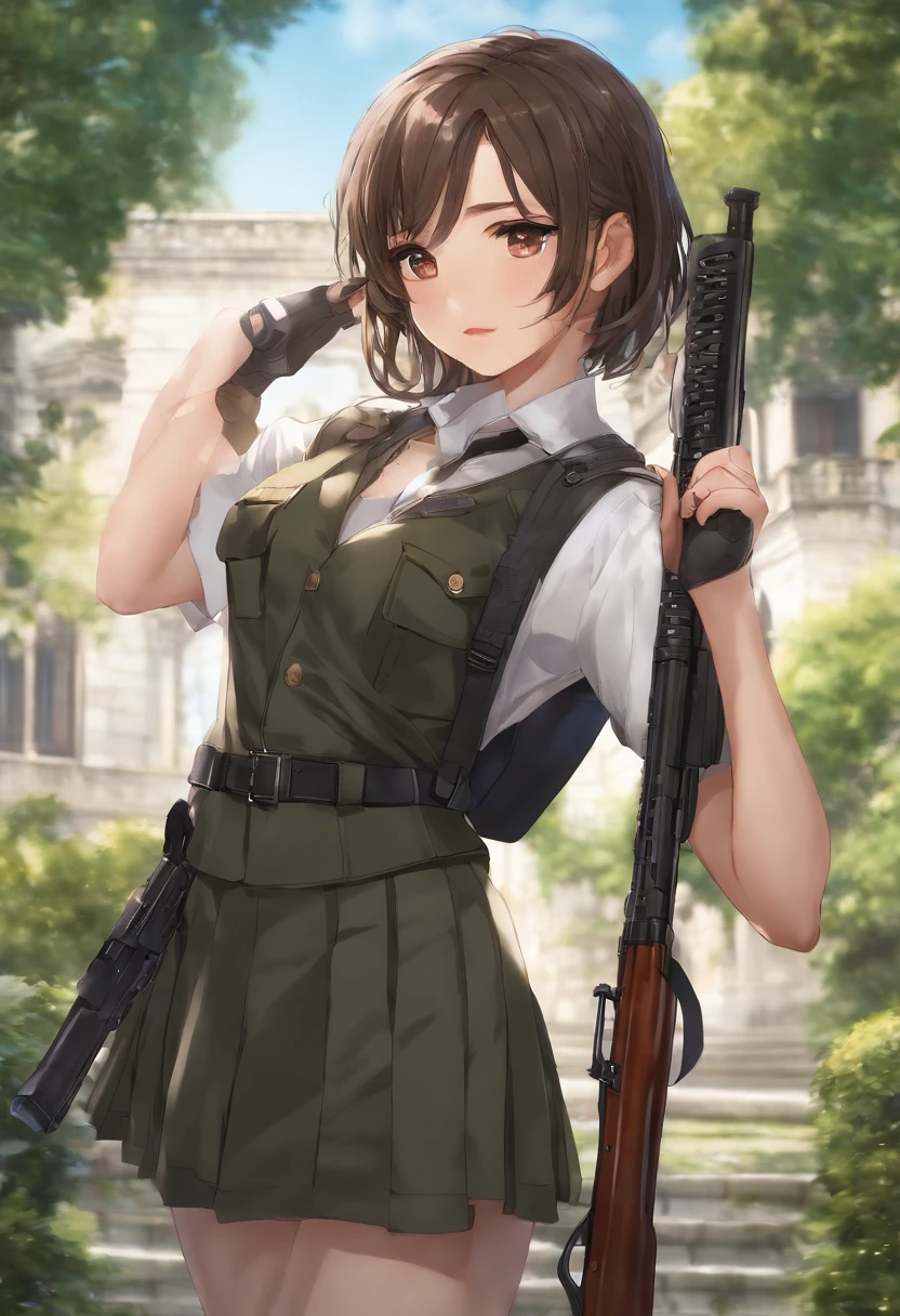 A 15-year-old girl in a hero school, Have a plump and developed body, He carried a rifle on his back,Domineering personality, conceited, busty, Schoolgirl costume in modern with anime style, Boys' uniform