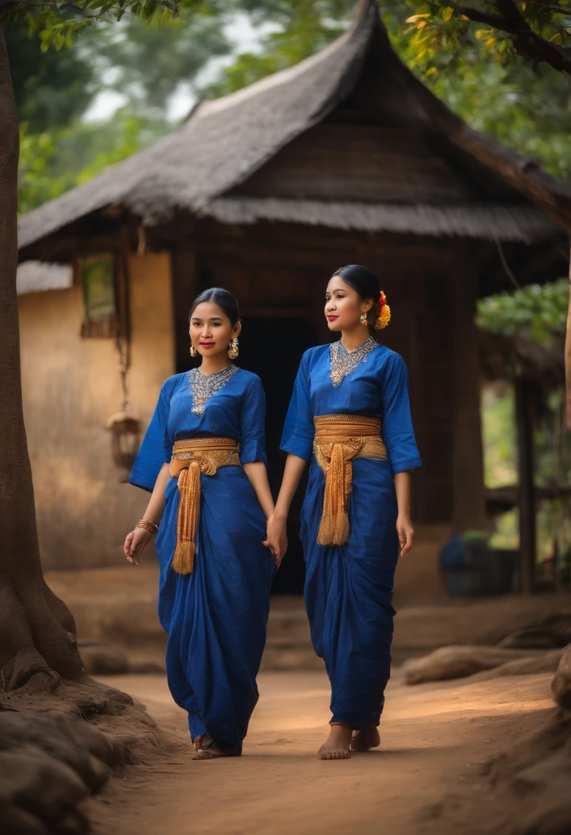 (Two girls dressed in indigo Isaan clothes., Happy programming under the shade of tranquil trees in Chiang Udon Thani village.),oil painting,Cultural performances,Multicolored flowers,Traditional environment,(bestquality,highres:1.2), Ancient Isan House and Architecture,Delicate brushes,vibrant colours,natural light