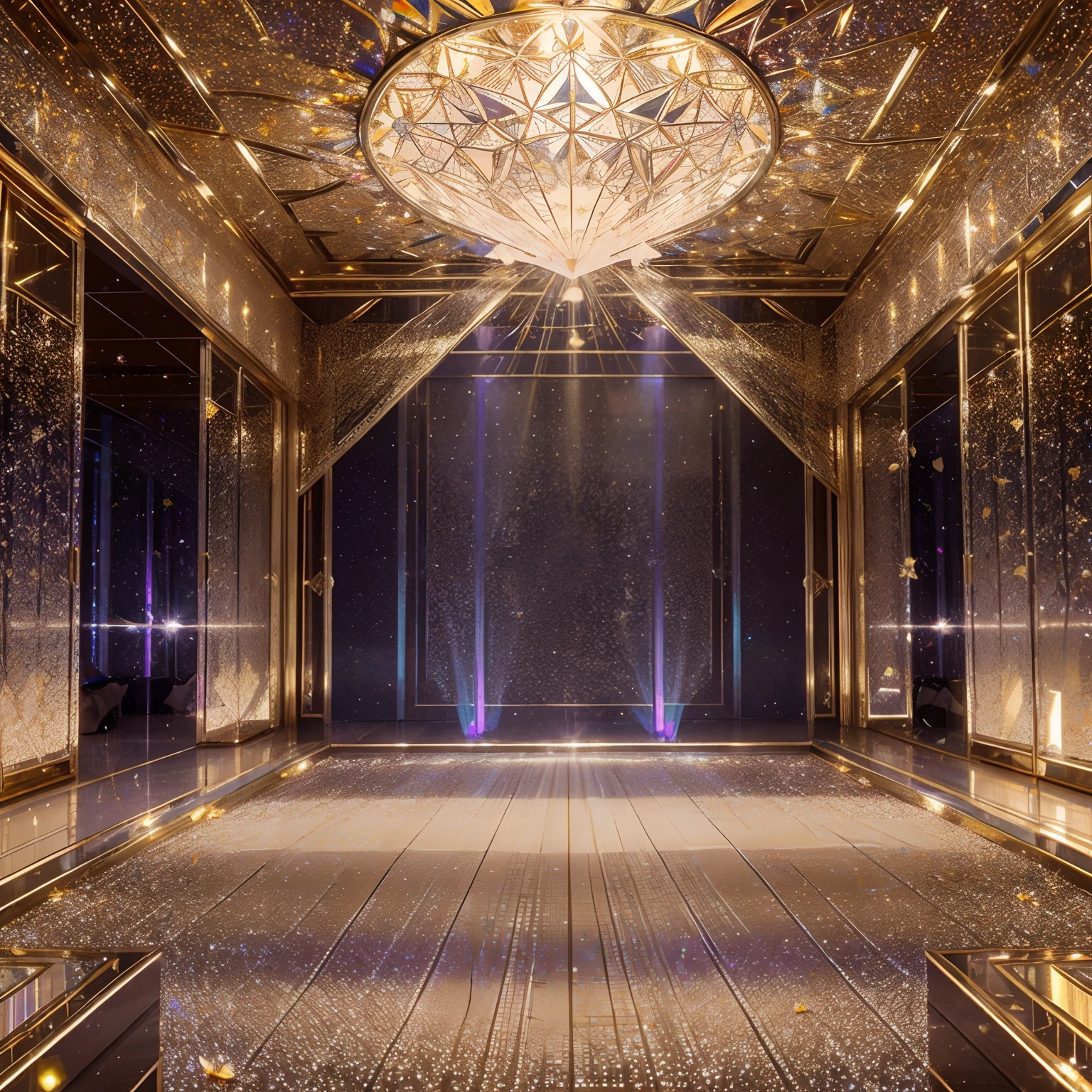 finest image, detailed and delicate depiction, iridescent light glass crystal metal-plated room, background fantasy, that emits fantastic light, light particles, light sparkles, scatter gold and silver glitter and confetti, iridescent light particles, many falling petals, professional lighting